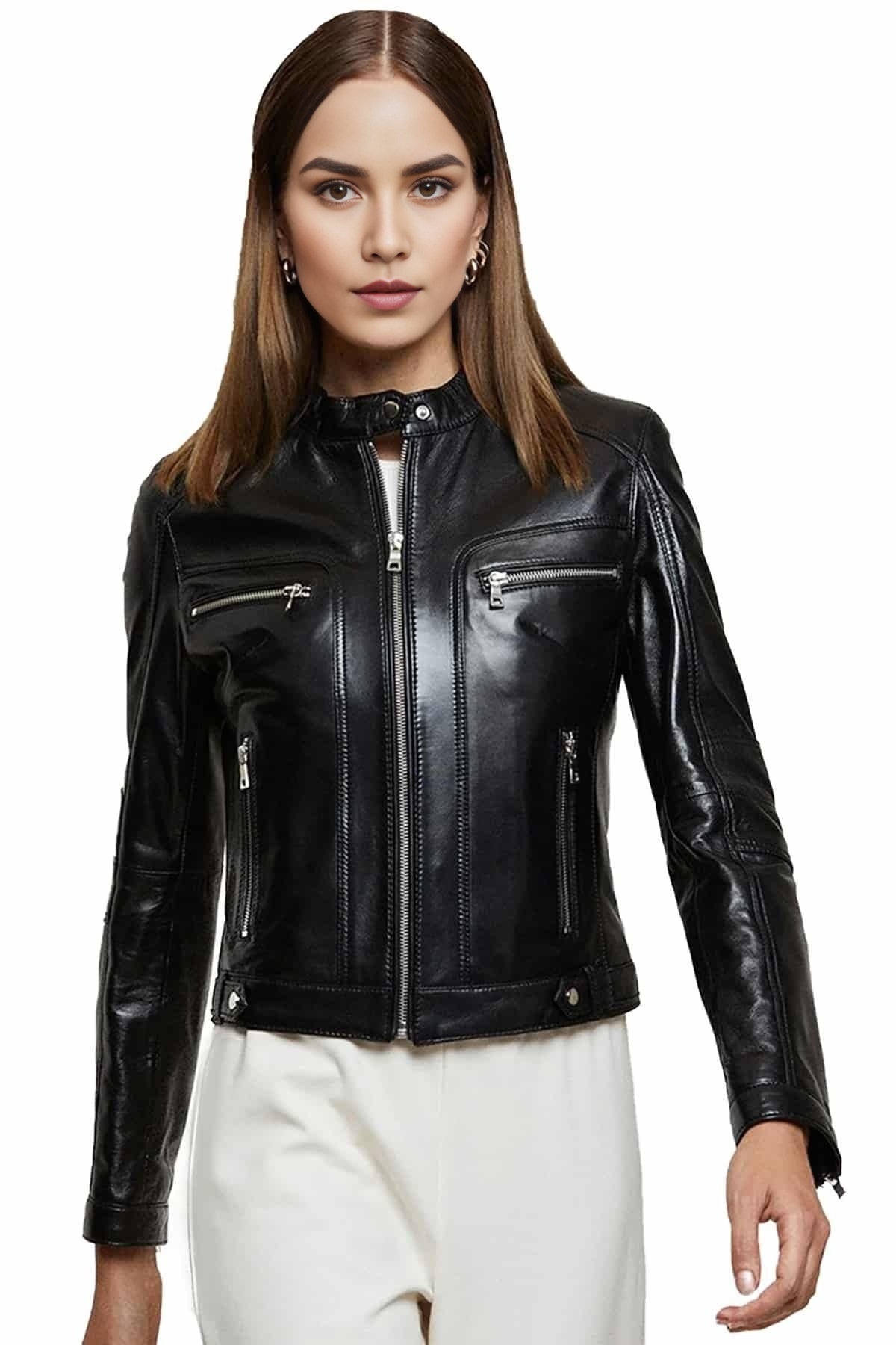 Genesis Black Slim Fit Leather Jacket For Women