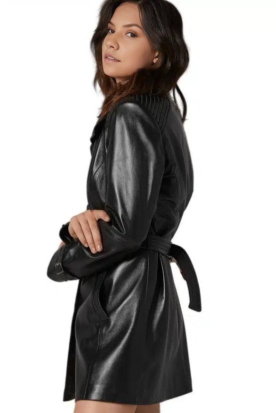 Andrea Black Trench Leather Coat For Women