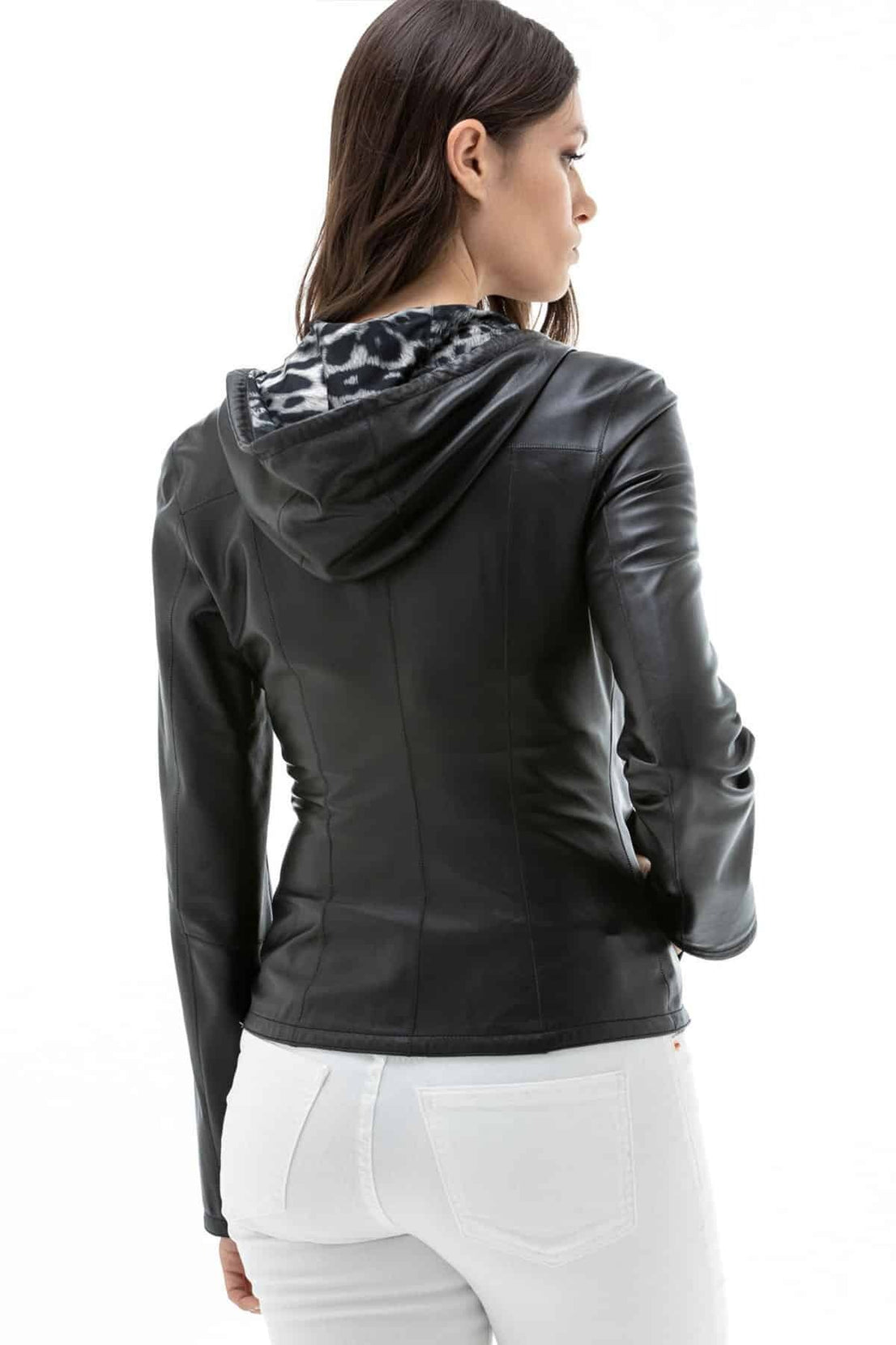 Emerson Black Double Sided Leather Jacket With Hood For Women