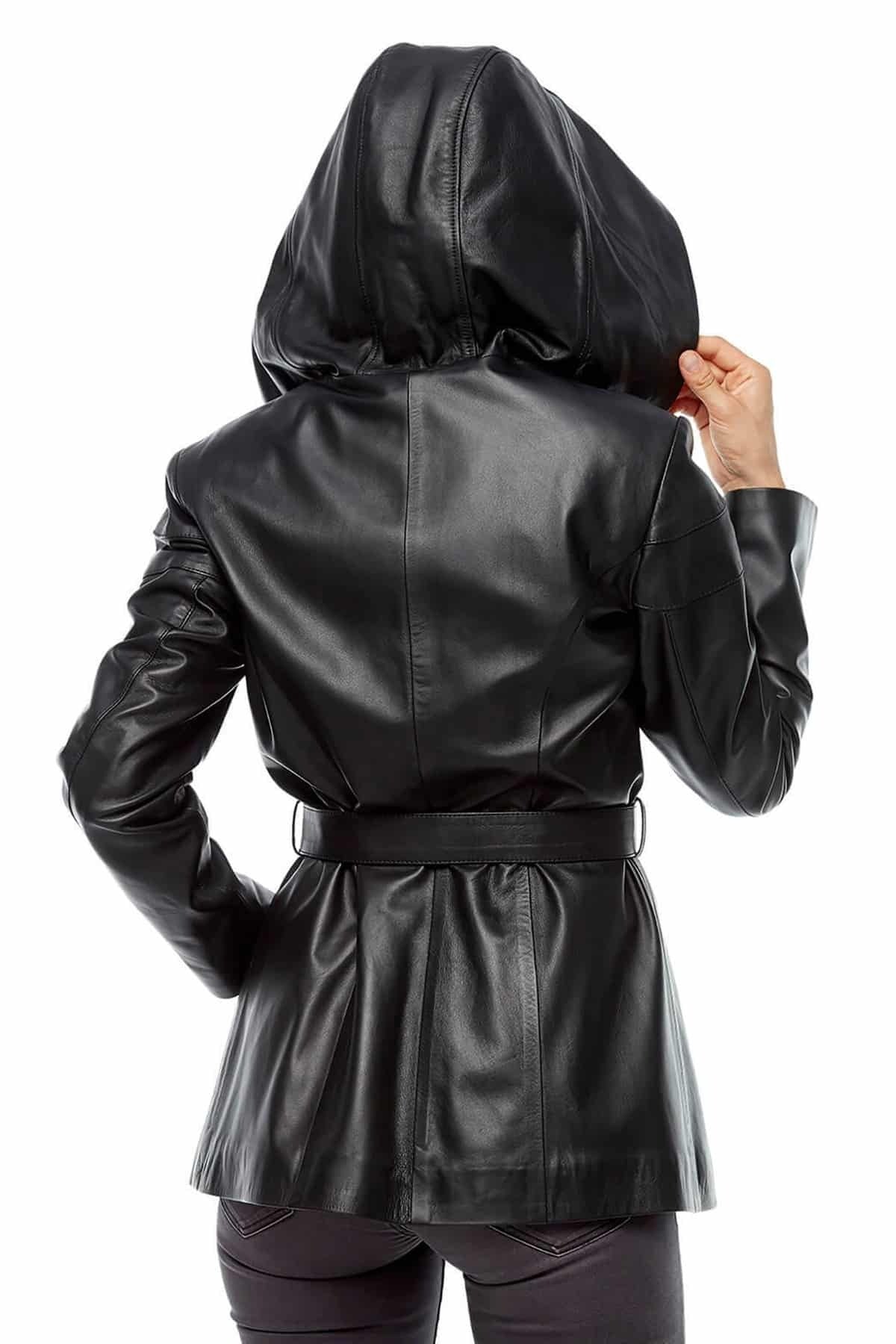 Natalie Black Trench Leather Coat For Women