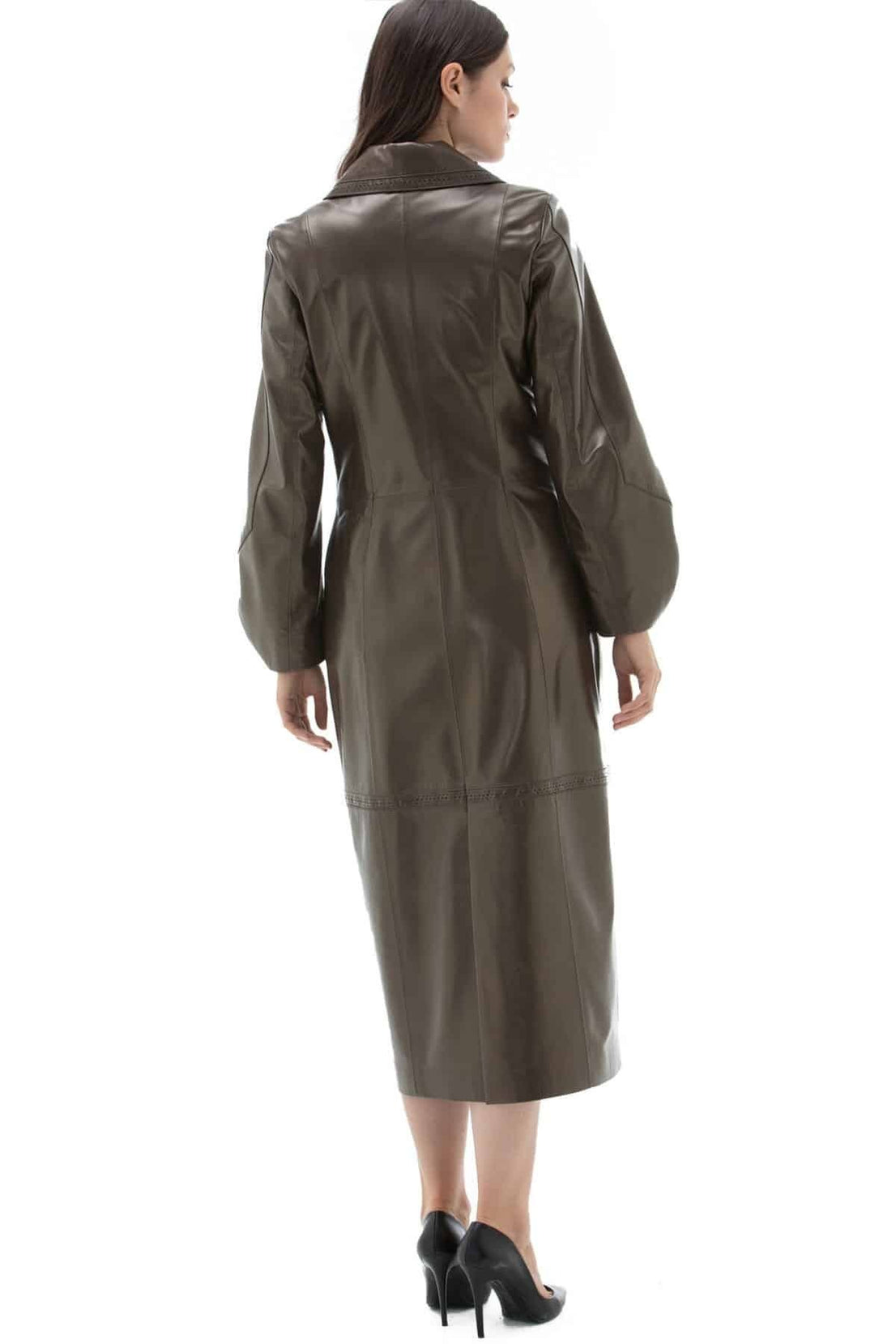 Annie Bronze Long Leather Coat For Women