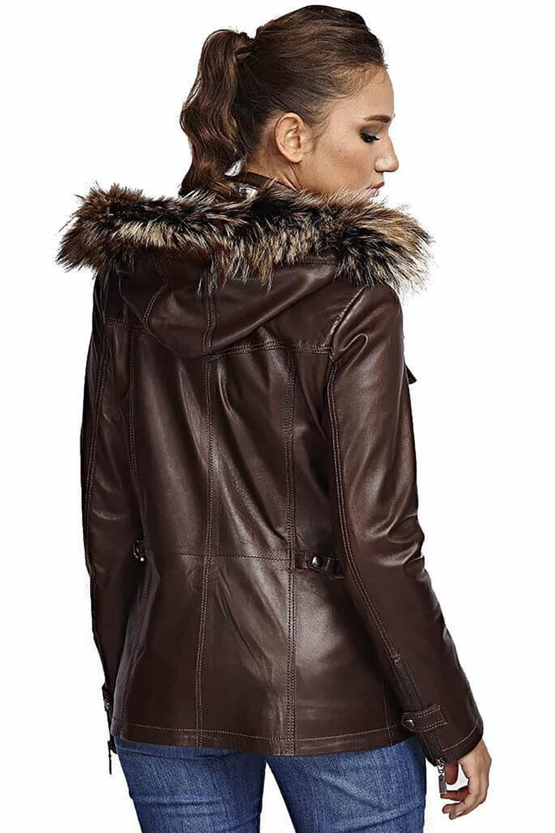 Acacia Dark Brown Fur Hood Leather Jacket For Women