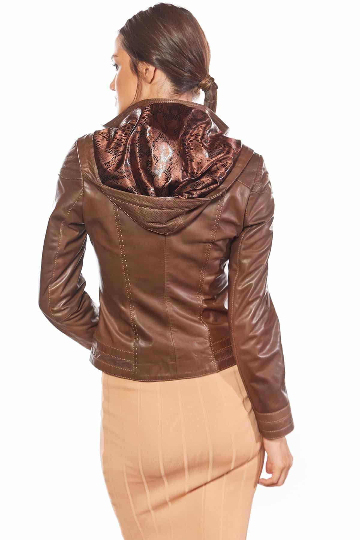 Medison Brown Hoodie Leather Jacket For Women