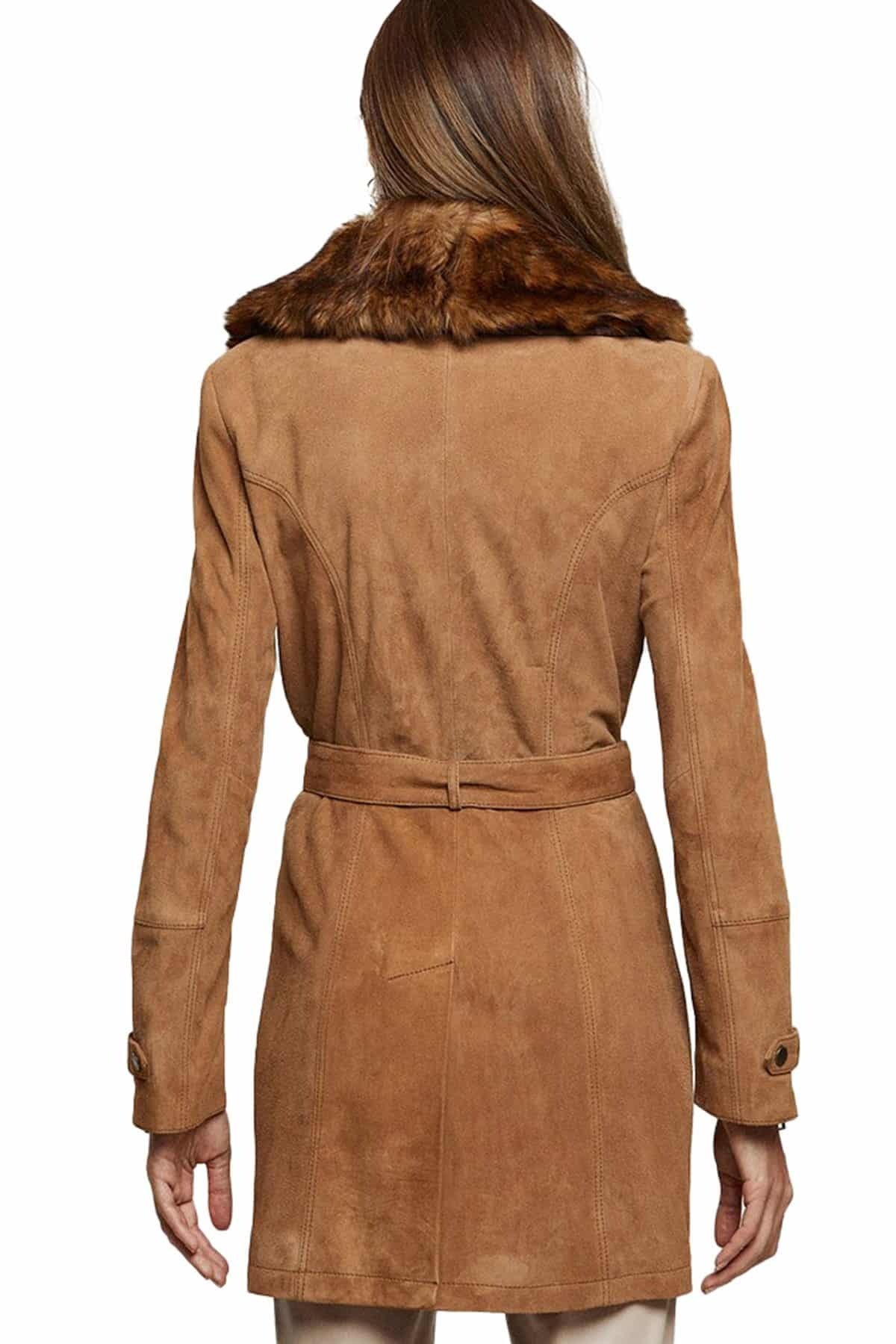 Delilah Brown Original Fur Collar Leather Coat For Women