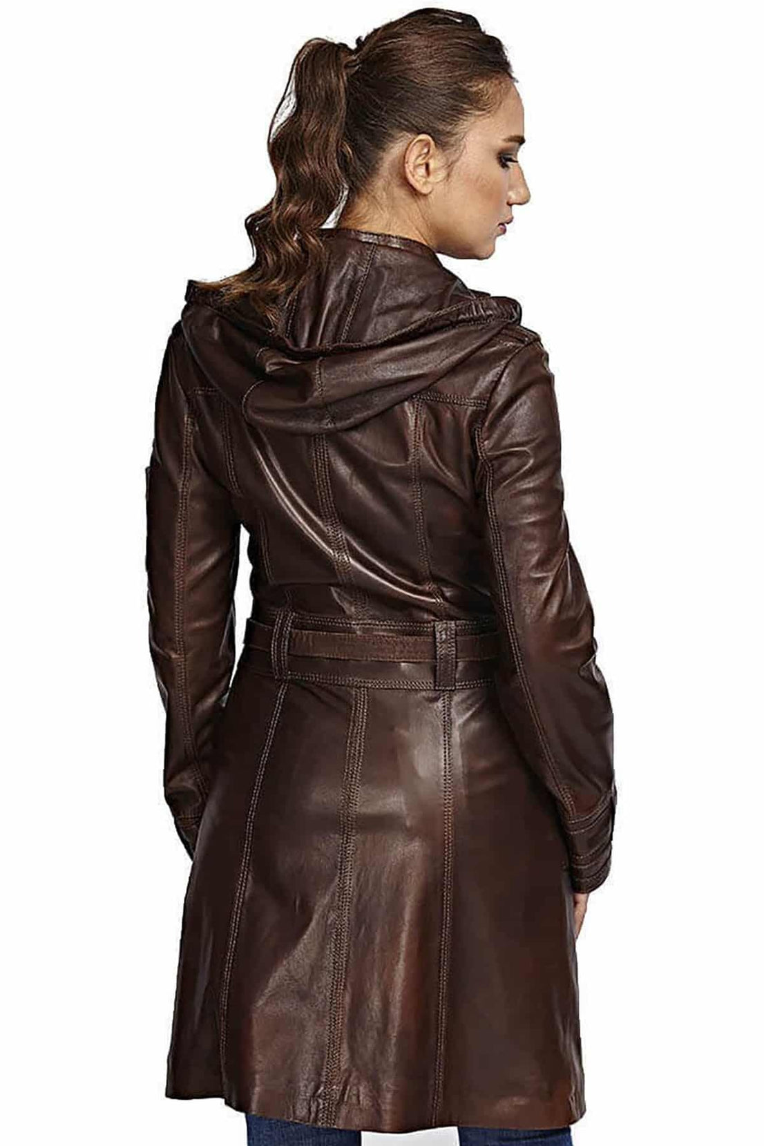 Mimi Brown Long Trench Leather Coat For Women