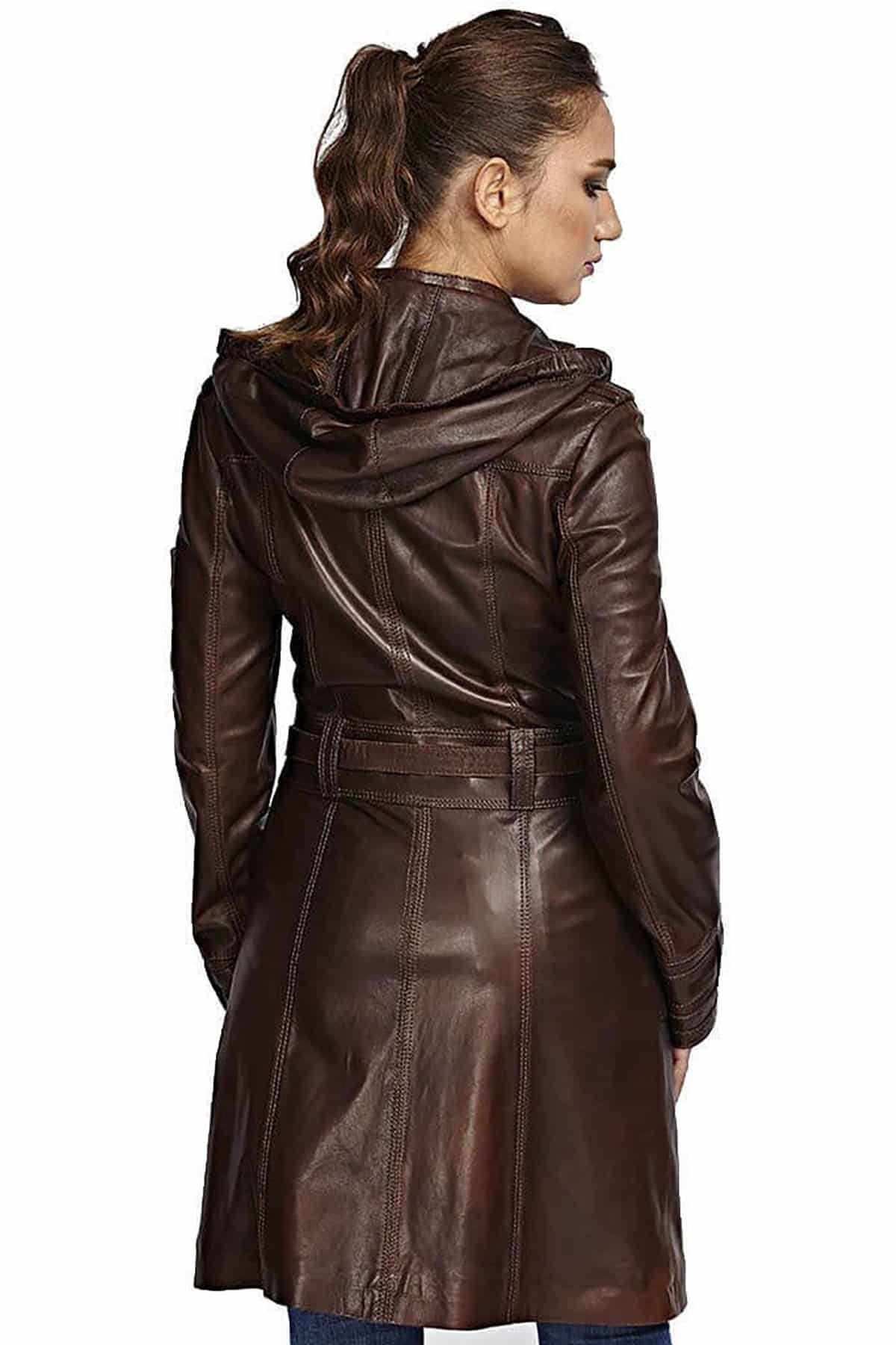 Mimi Brown Long Trench Leather Coat For Women