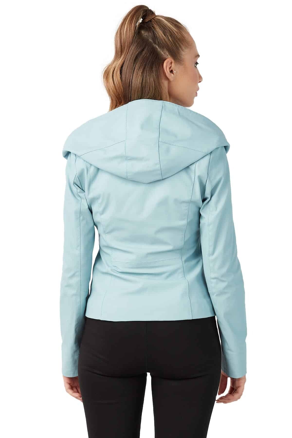 Aria Pastel Blue Leather Jacket For Women With Hoodie
