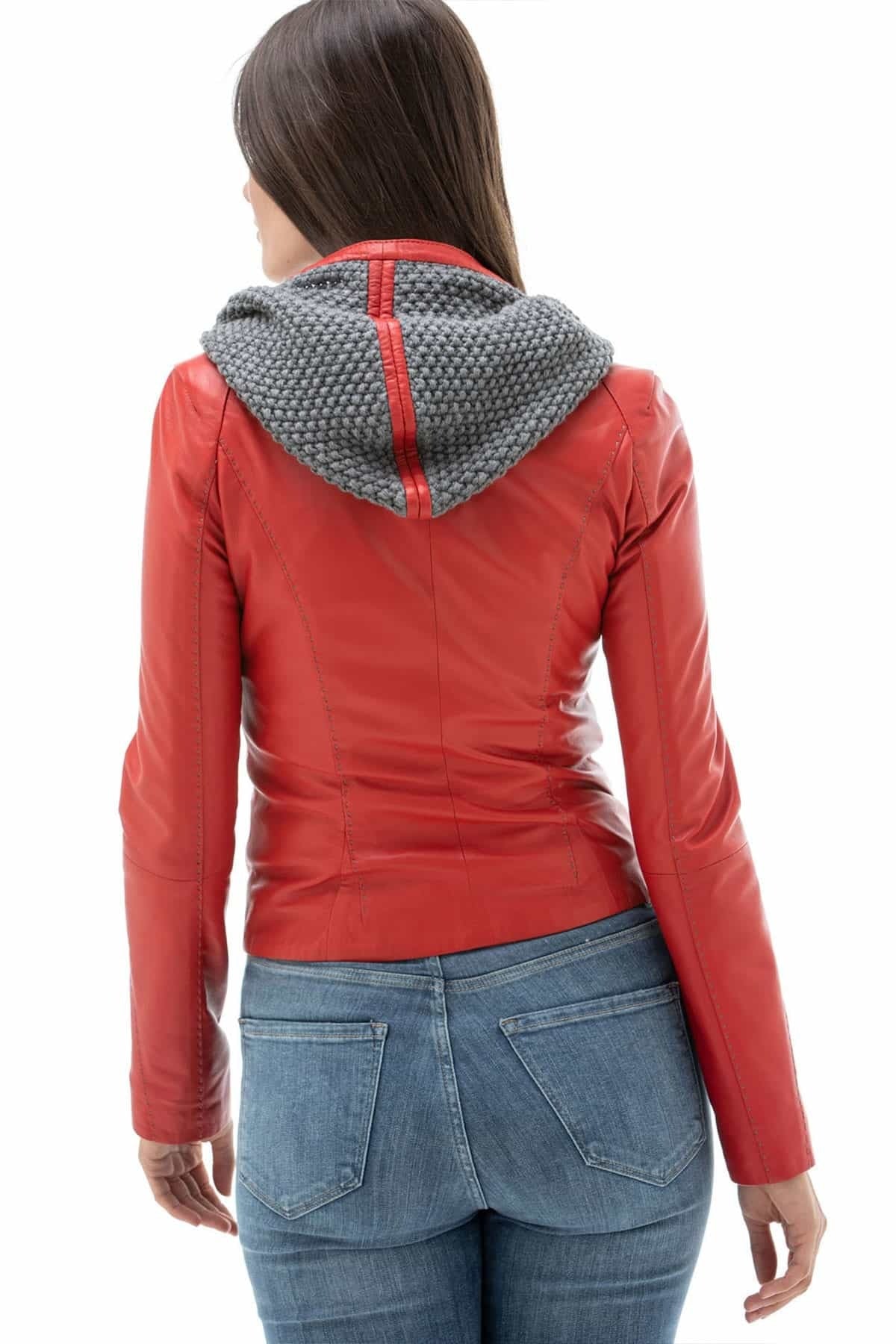 Milani Red Hooded Leather Jacket For Women