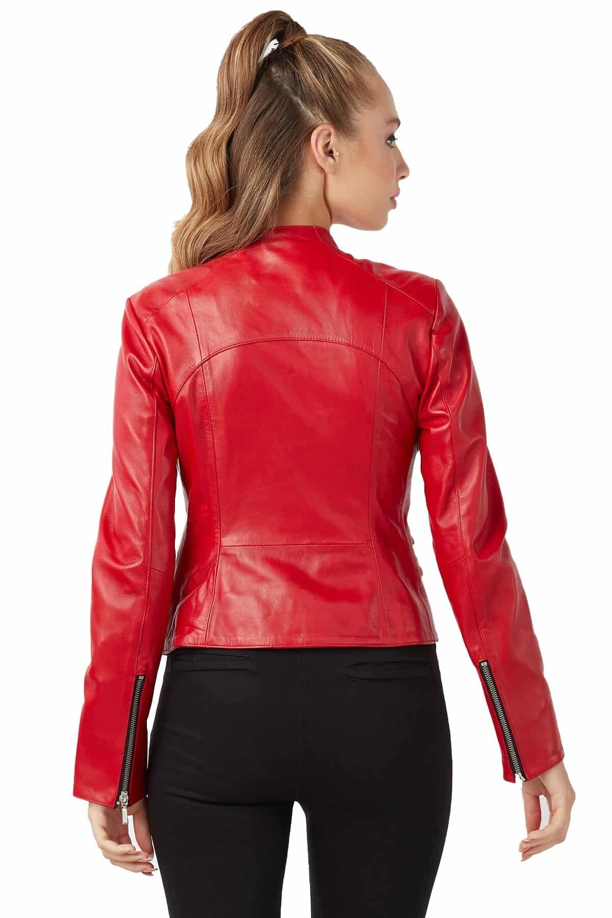 August Red Cafe Racer Leather Jacket For Women