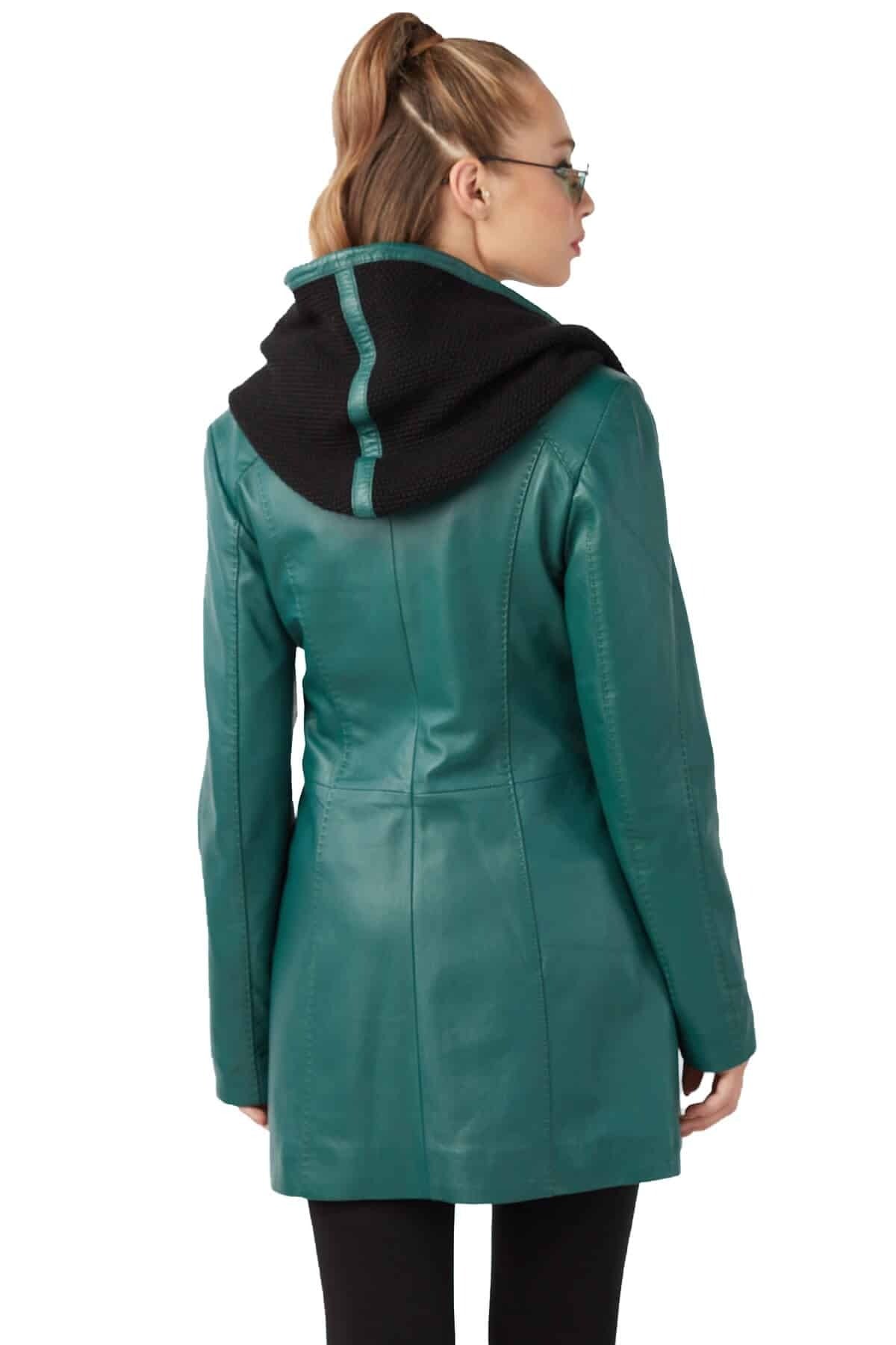 Kienna Turquoise Trench Leather Coat For Women