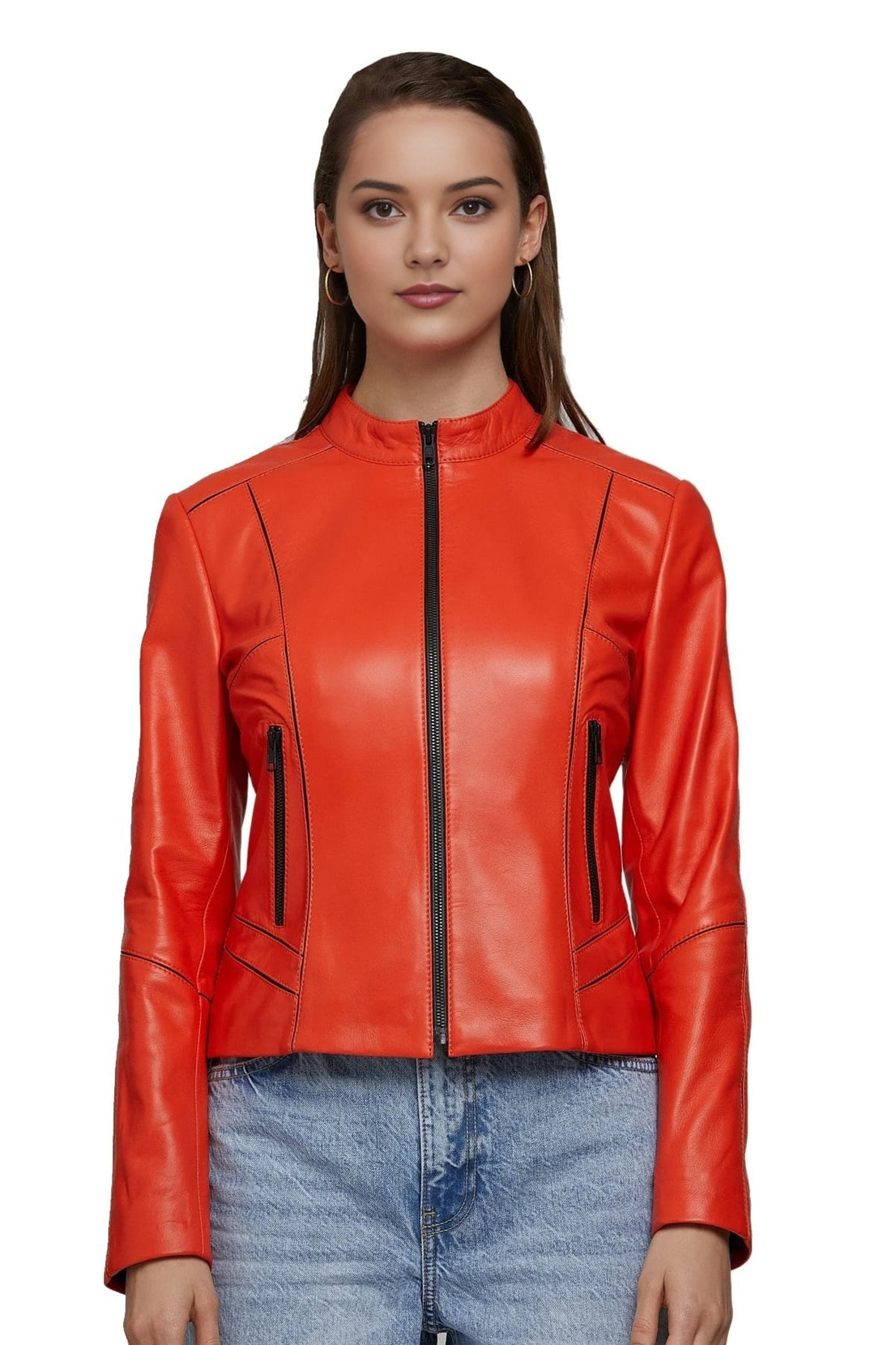 Selena Gomez Orange Cafe Racer Leather Jacket For Women