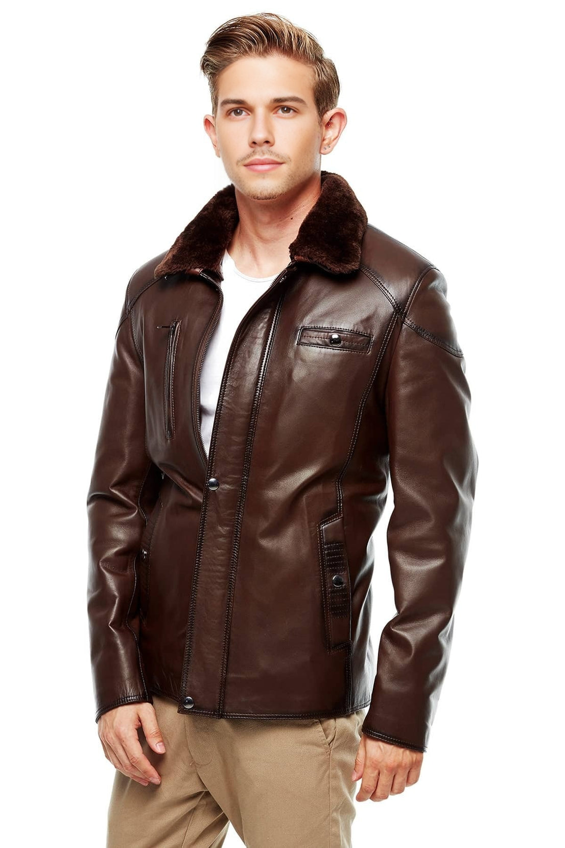 Bruce Brown Fur Collar Leather Jacket For Men