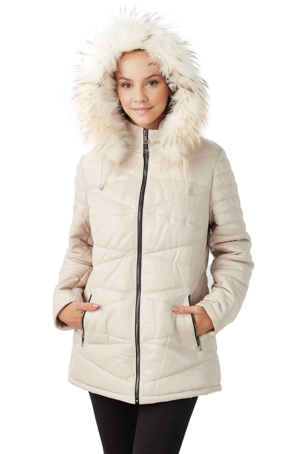 Gabriella Beige Fur Hoodie Leather Jacket For Women