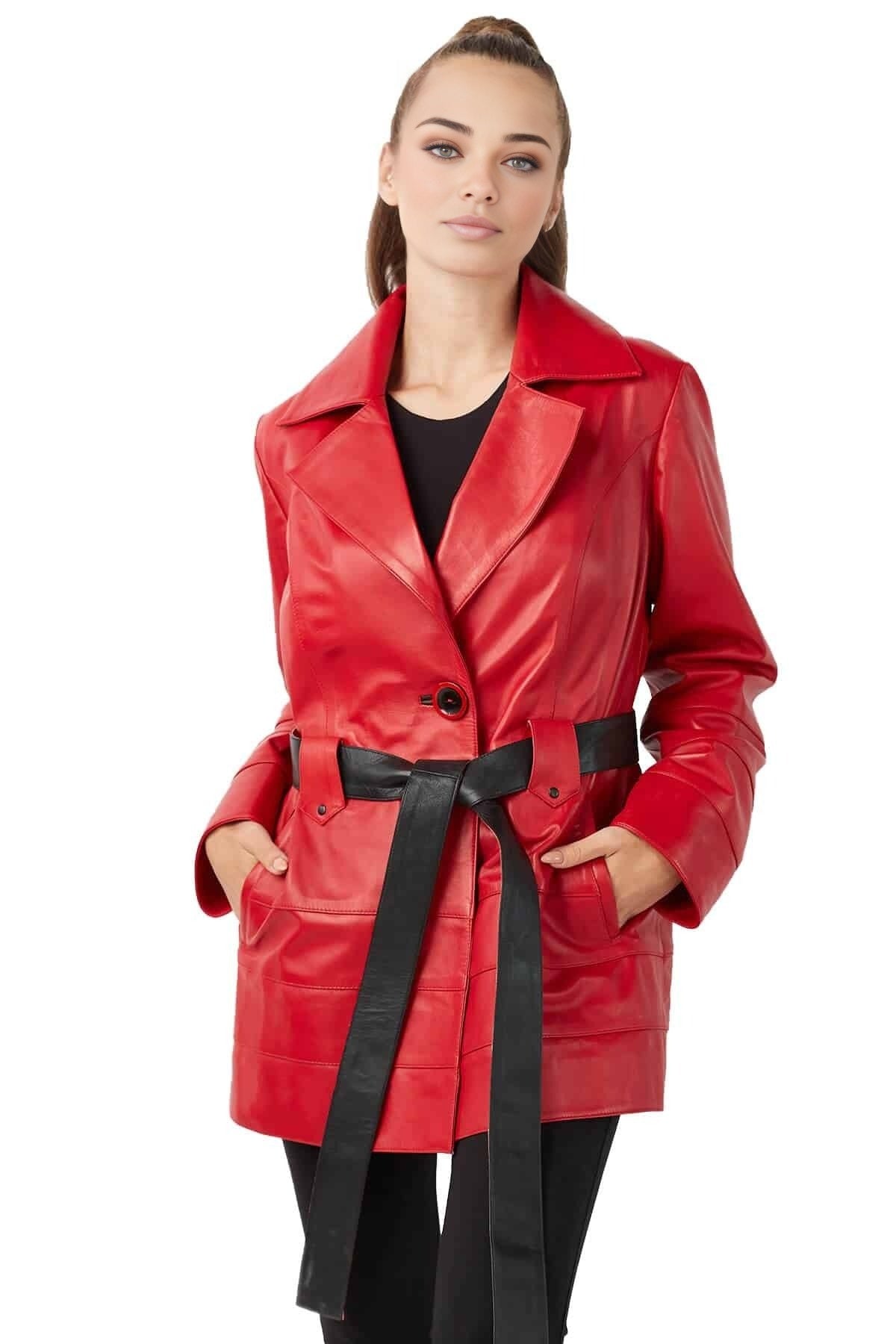 Avery red Trench Leather Coat With Center Belt For Women