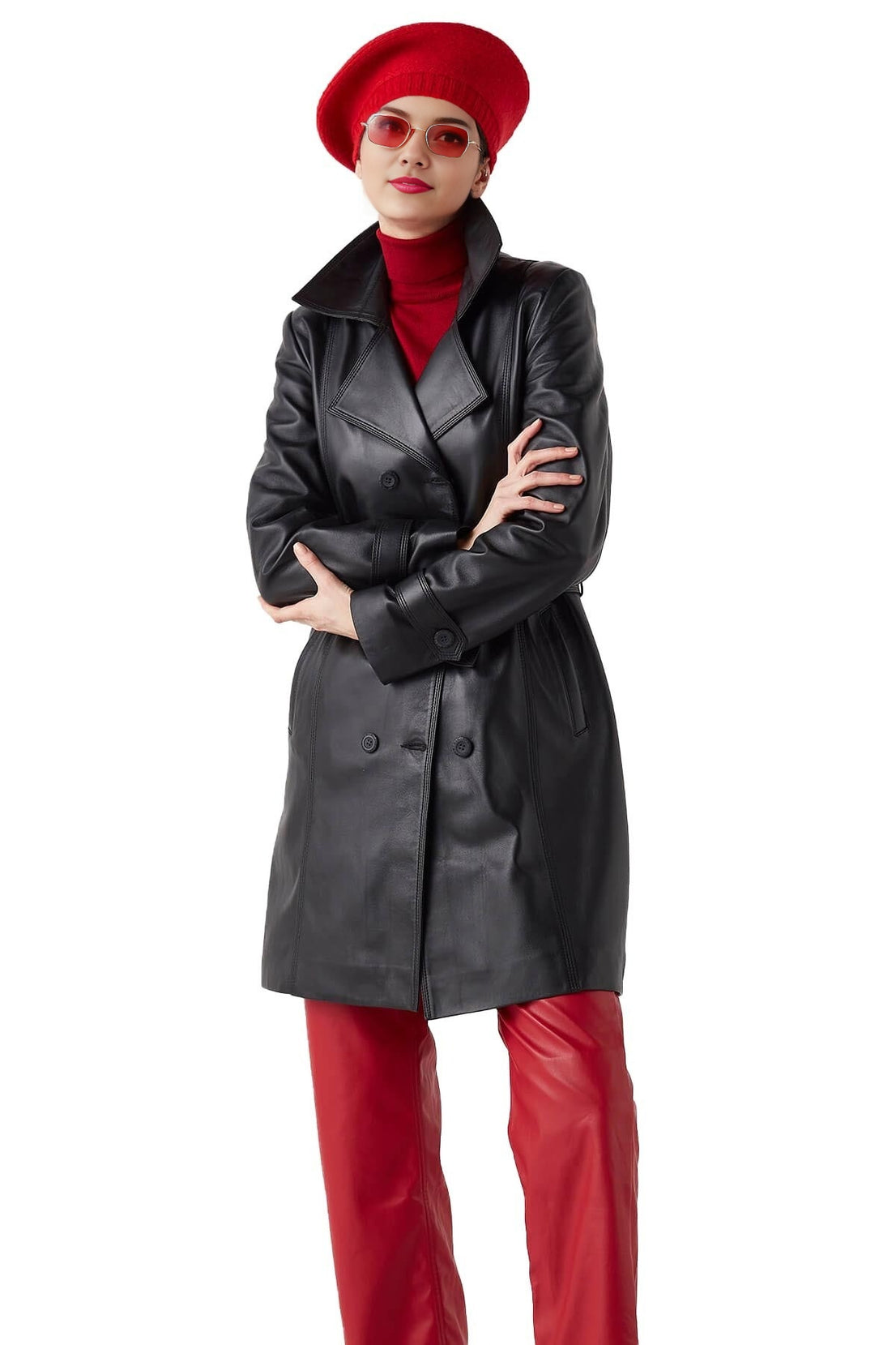 Keighley Black Trench Long Leather Coat For Women