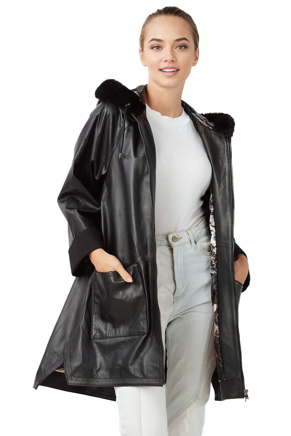 Queen Black Fur Hooded Leather Coat For Women