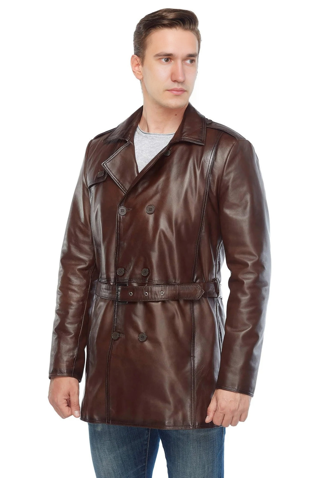 Nathan Brown Trench Leather Coat For Men