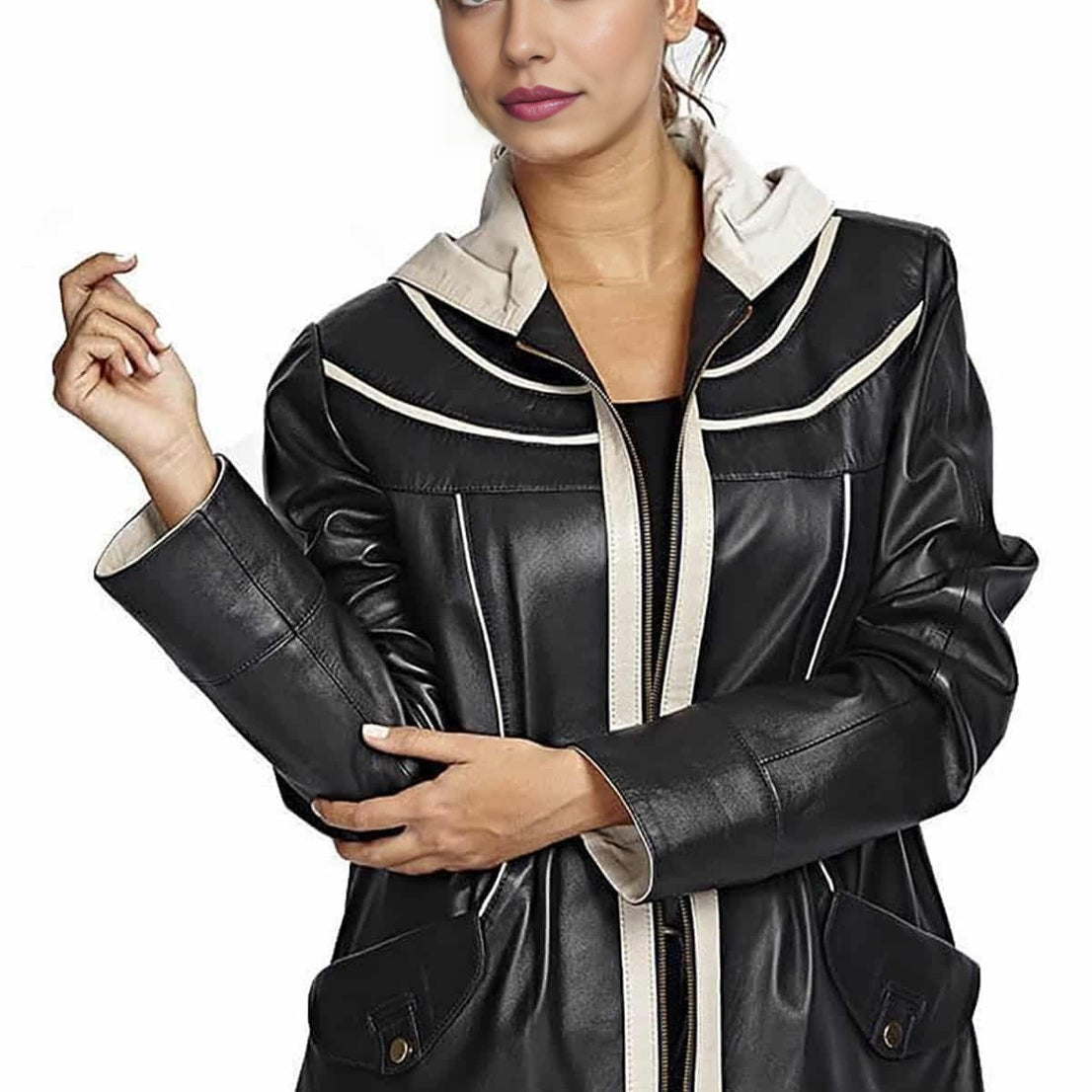 Rya Black And Beige Leather Jacket For Women