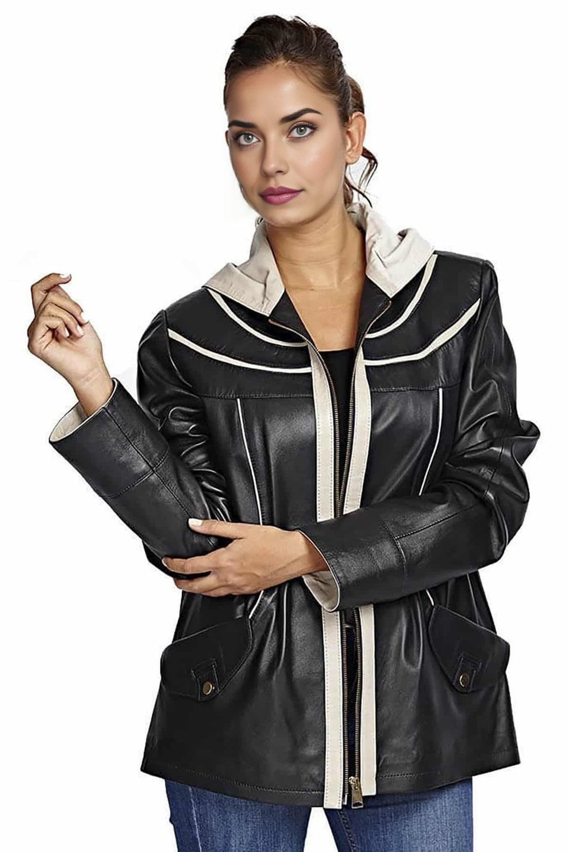 Rya Black And Beige Leather Jacket For Women