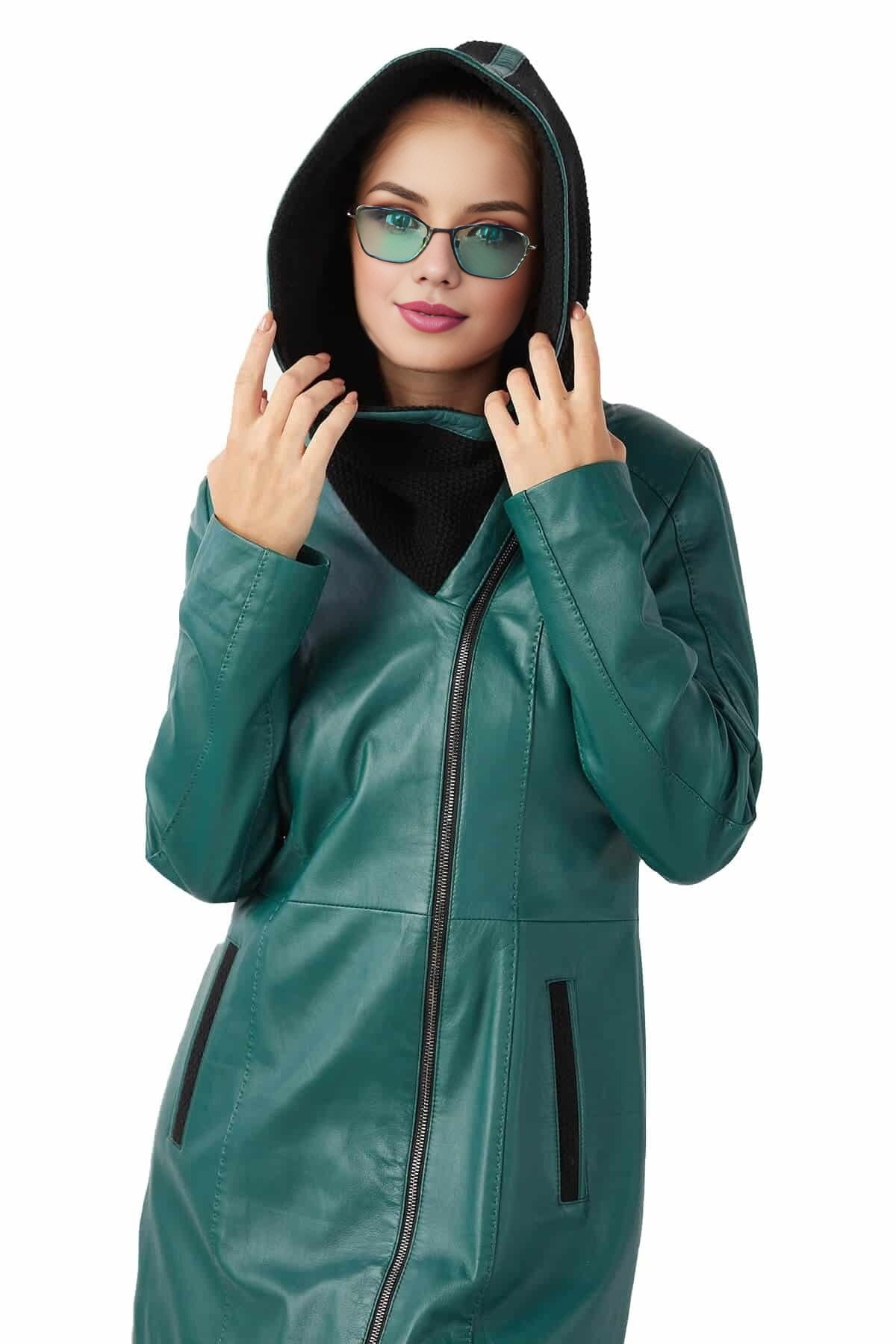 Kienna Turquoise Trench Leather Coat For Women