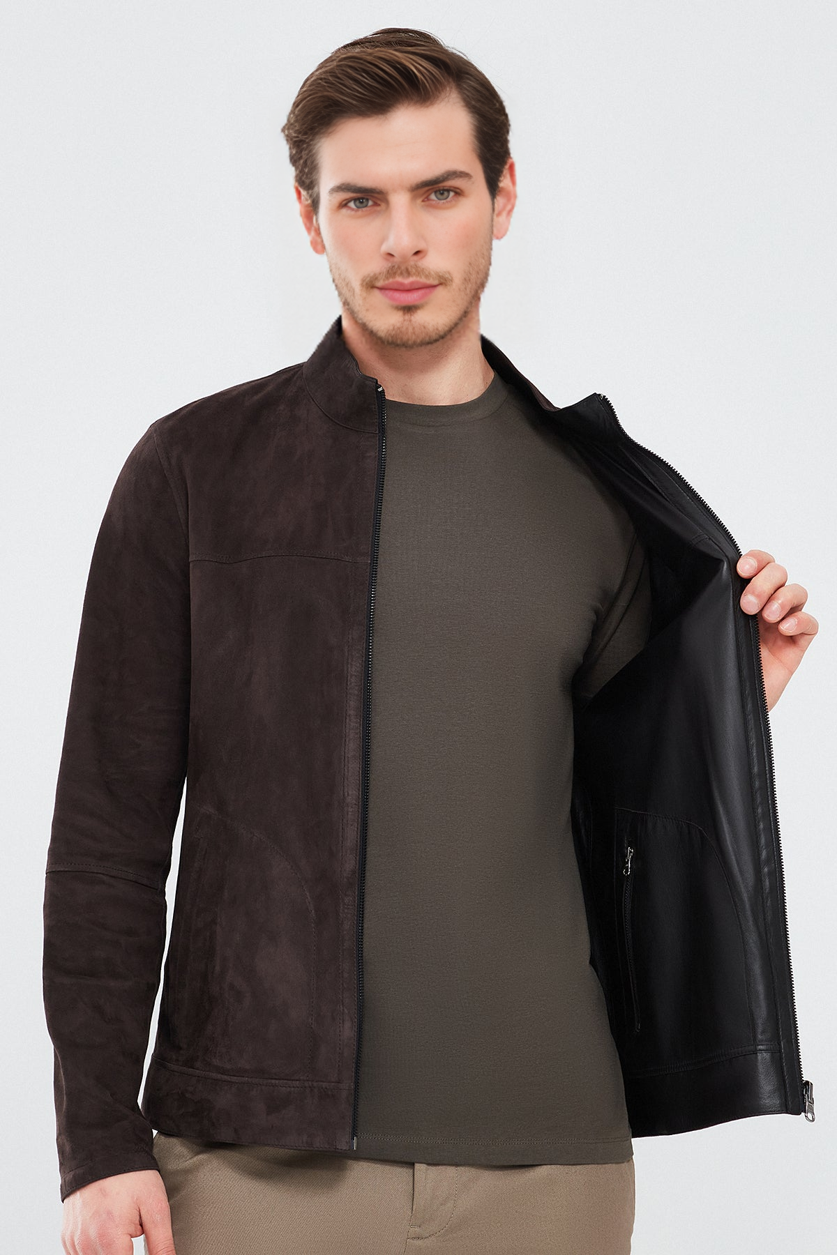 Clint Brown Suede Double-Sided Leather Jacket For Men