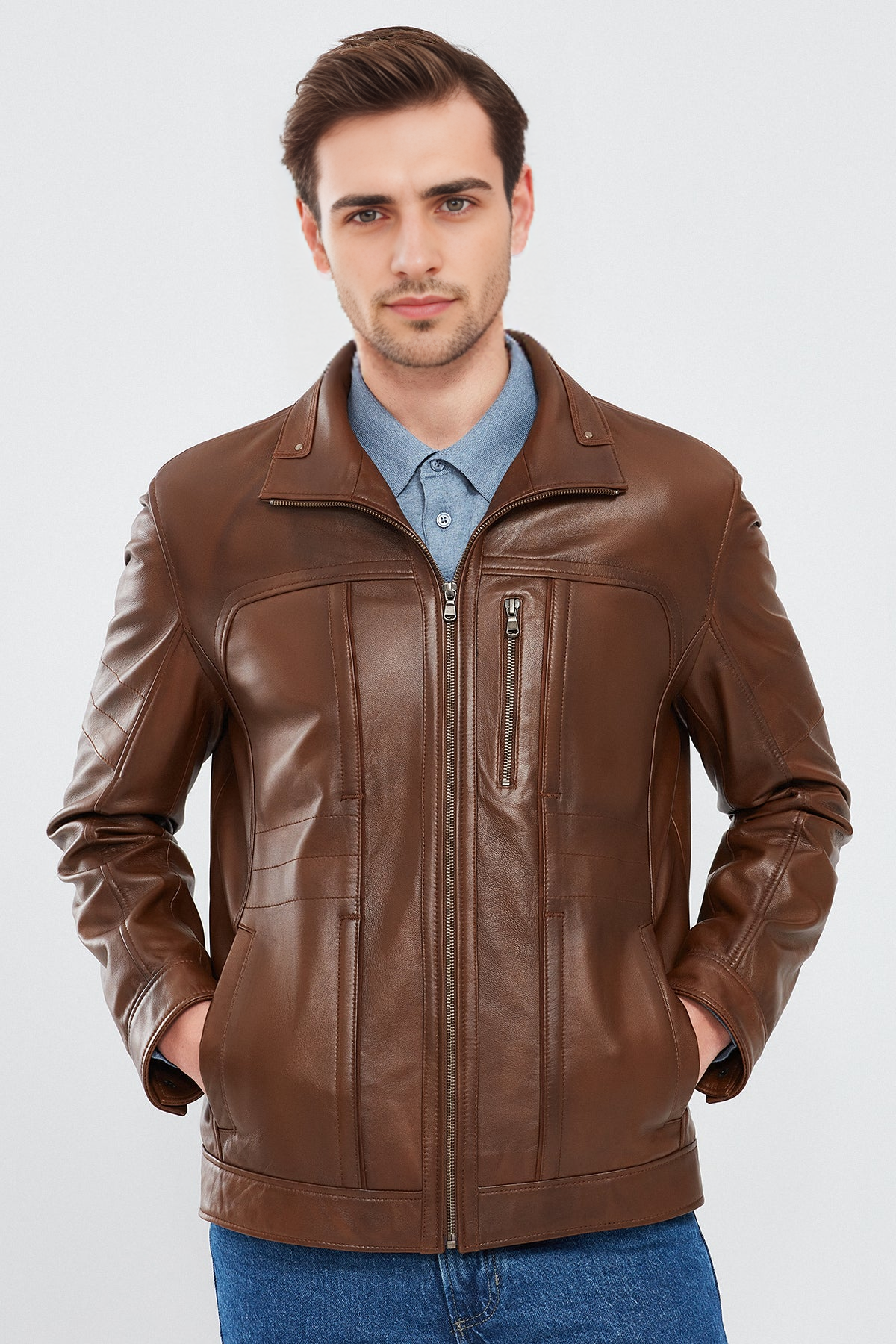 Bruno Cognac Brown Leather Jacket For Men
