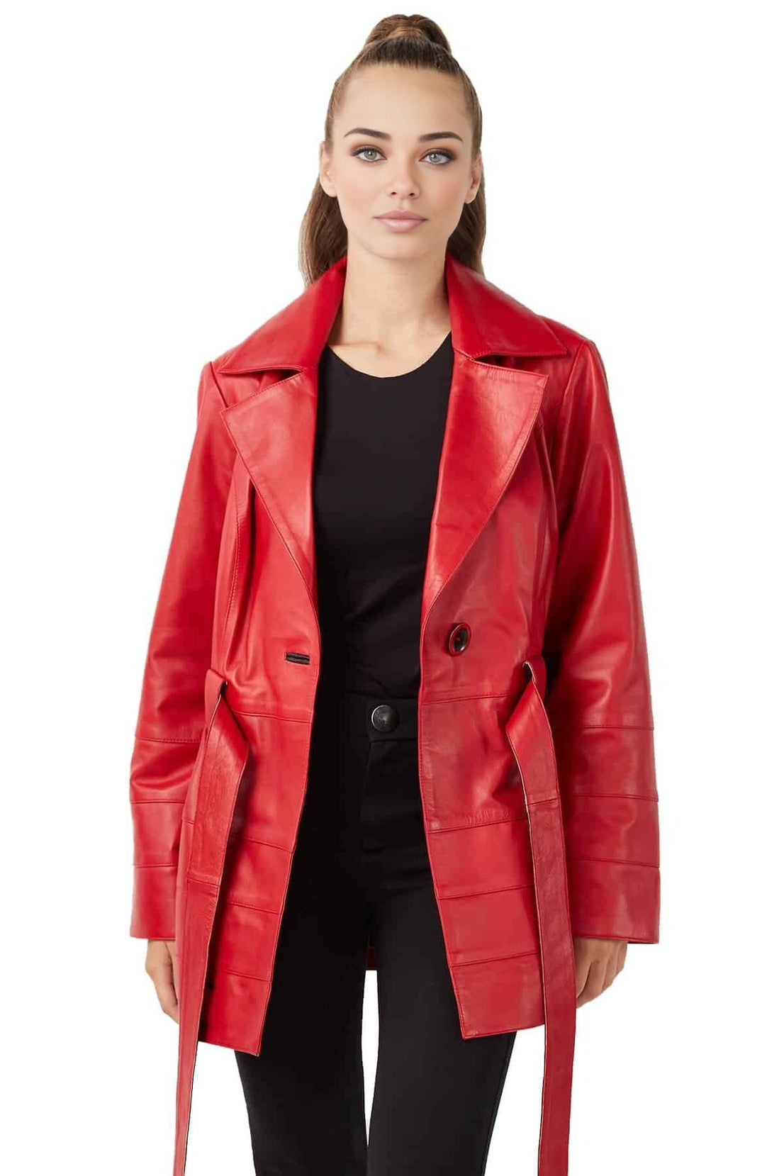 Avery red Trench Leather Coat With Center Belt For Women