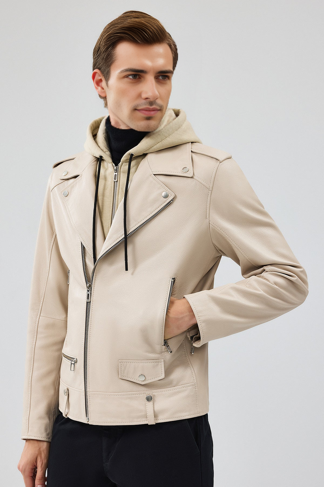 Butler Beige Hooded Biker Leather Jacket for Men