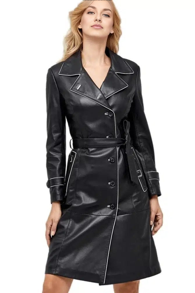 Sharon Black Stylish Leather Coat With Center Belted