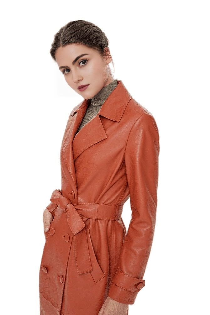 Londyn Orange Long Trench Leather Coat For Women