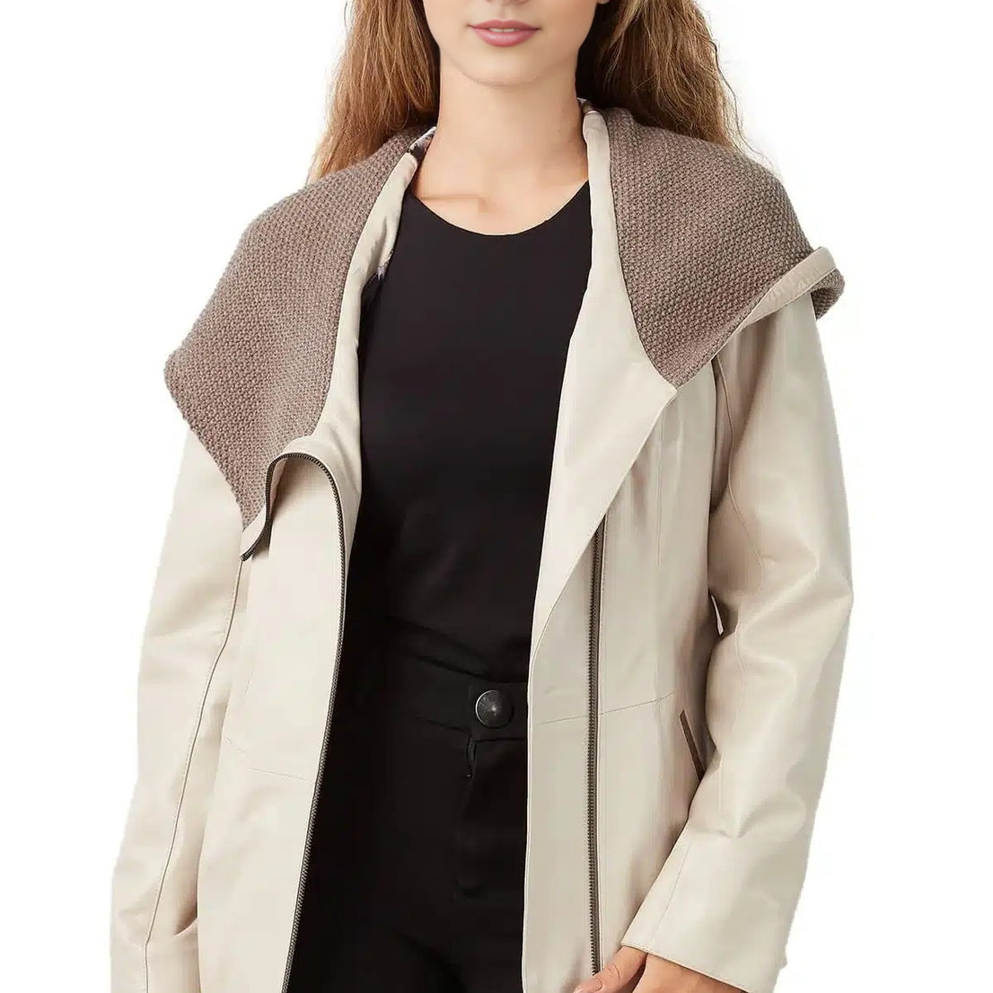 Martha Beige Tweed Hooded Leather Coat For Women