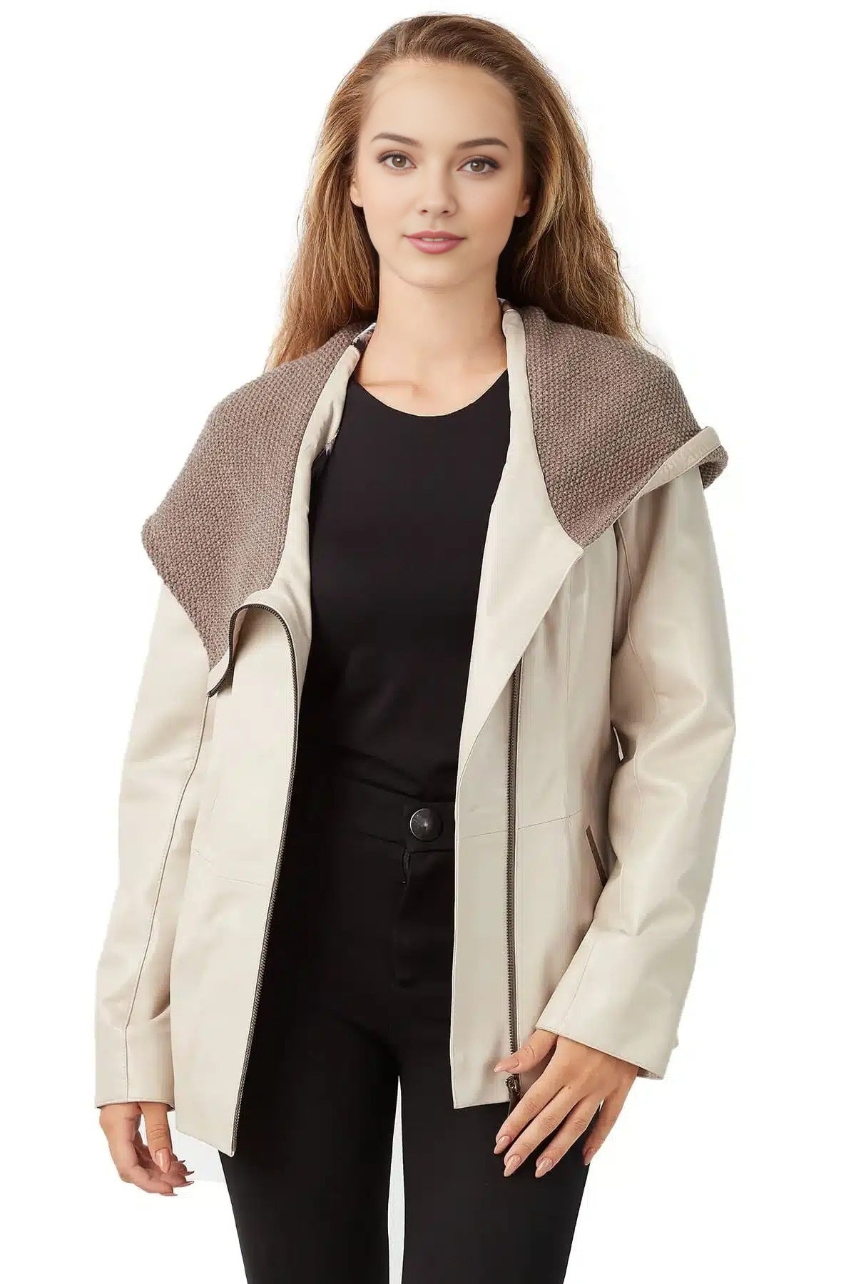 Martha Beige Tweed Hooded Leather Coat For Women