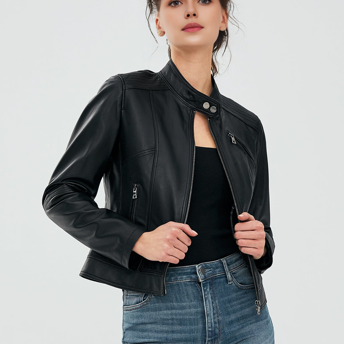 Kylie Short Black Leather Jacket For Women