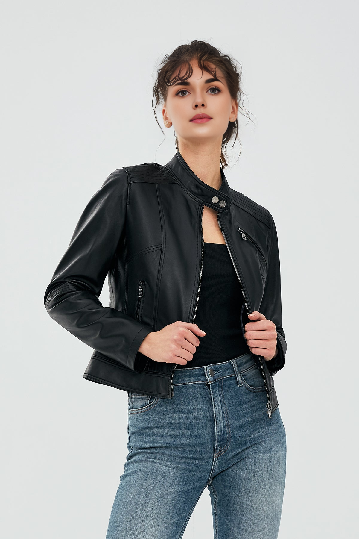Kylie Short Black Leather Jacket For Women
