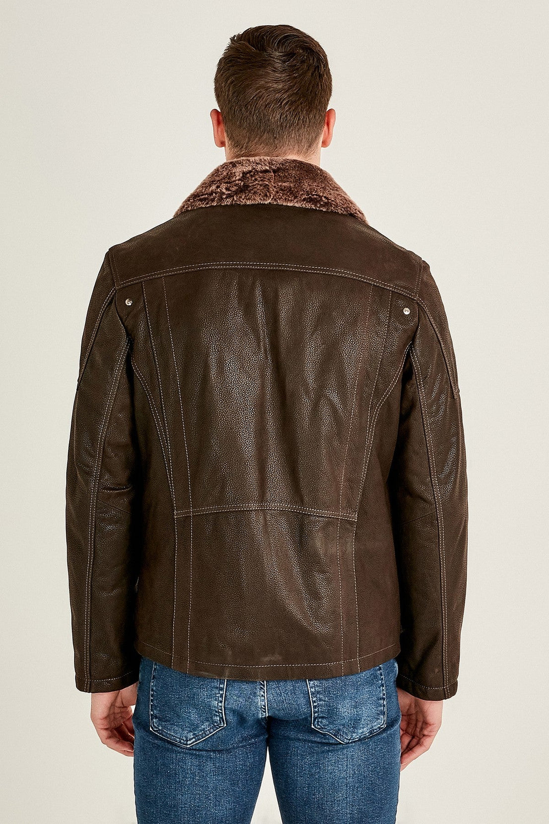 Angelo Men's Brown Fur Collar Leather Jacket For Men