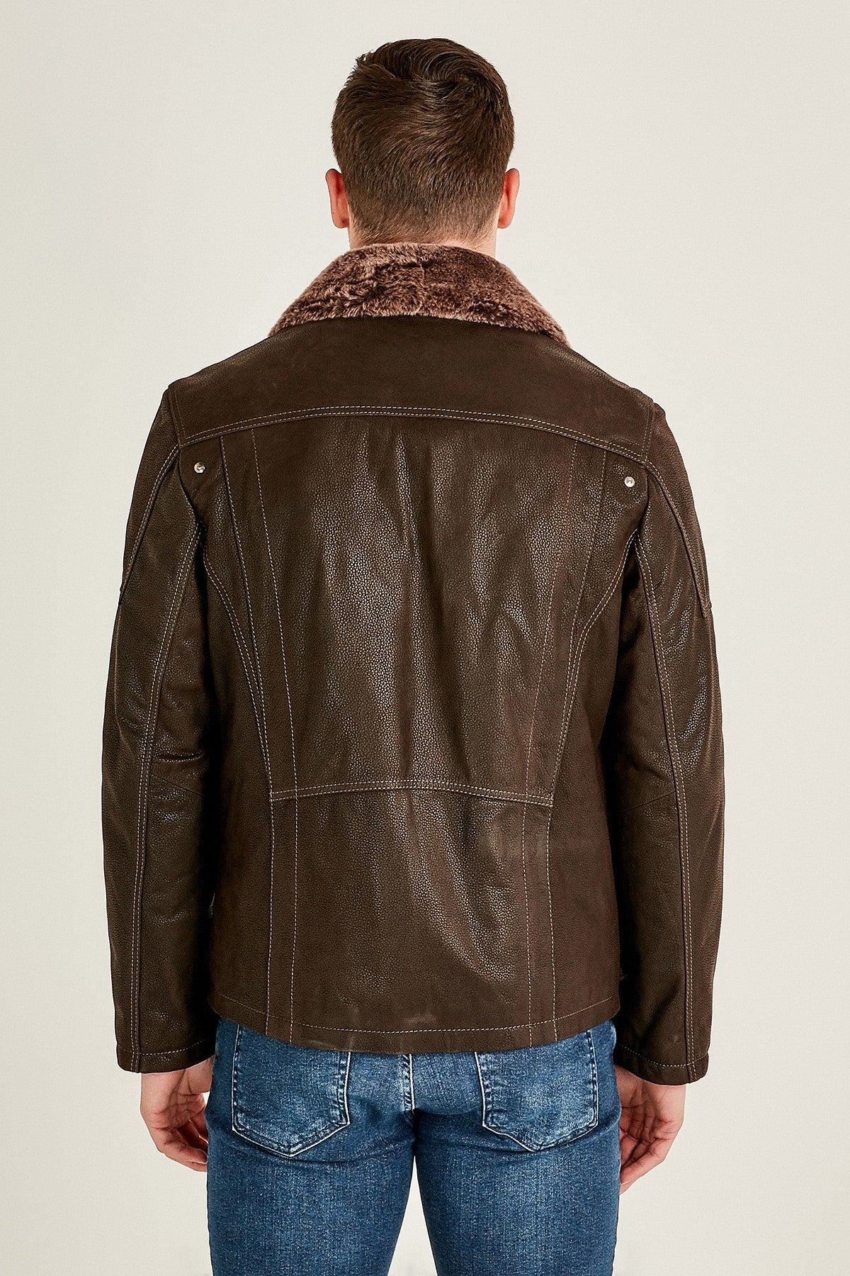 Angelo Men's Brown Fur Collar Leather Jacket For Men