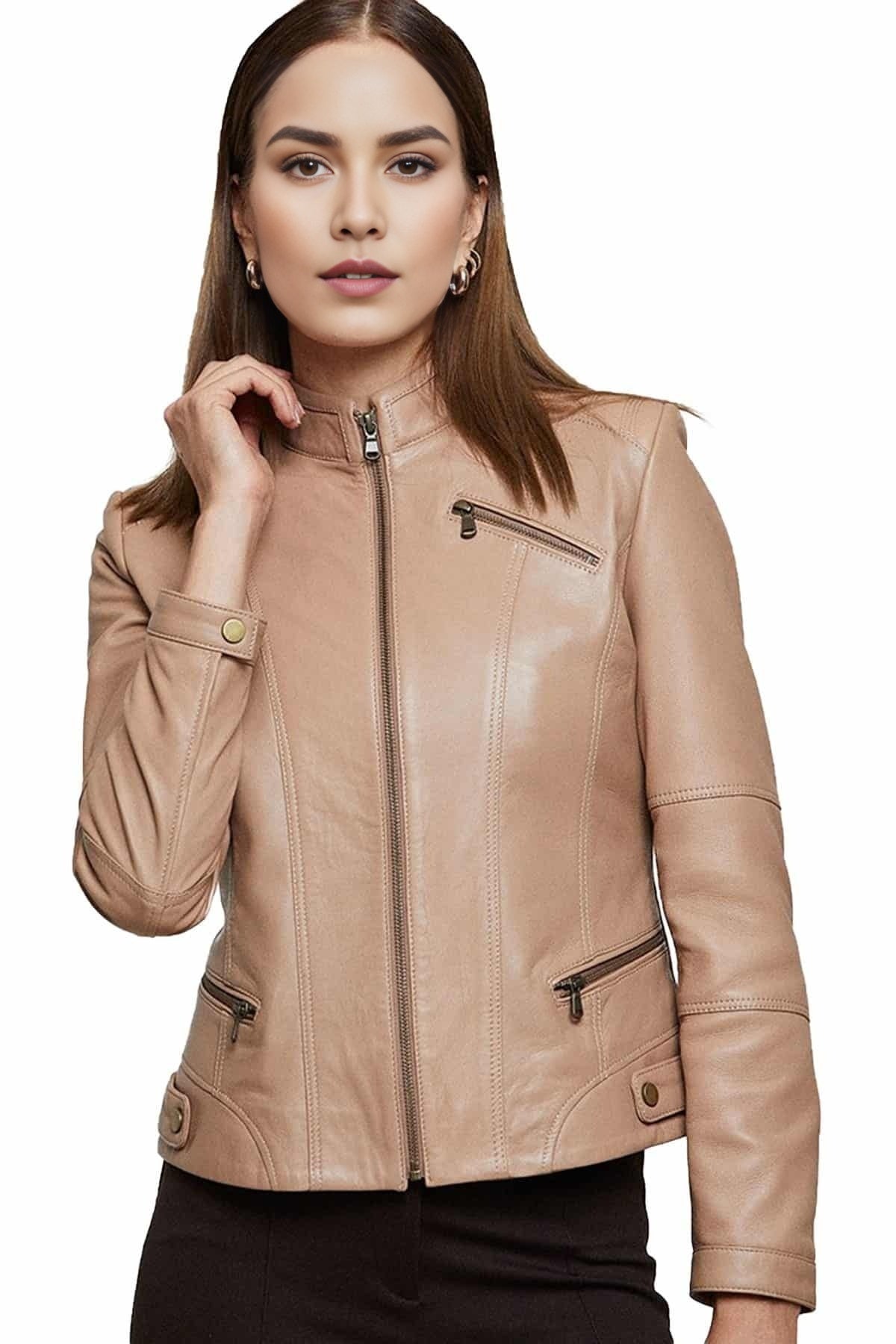 Barbara Fossil Tan Sheep Skin Leather Jacket For Women