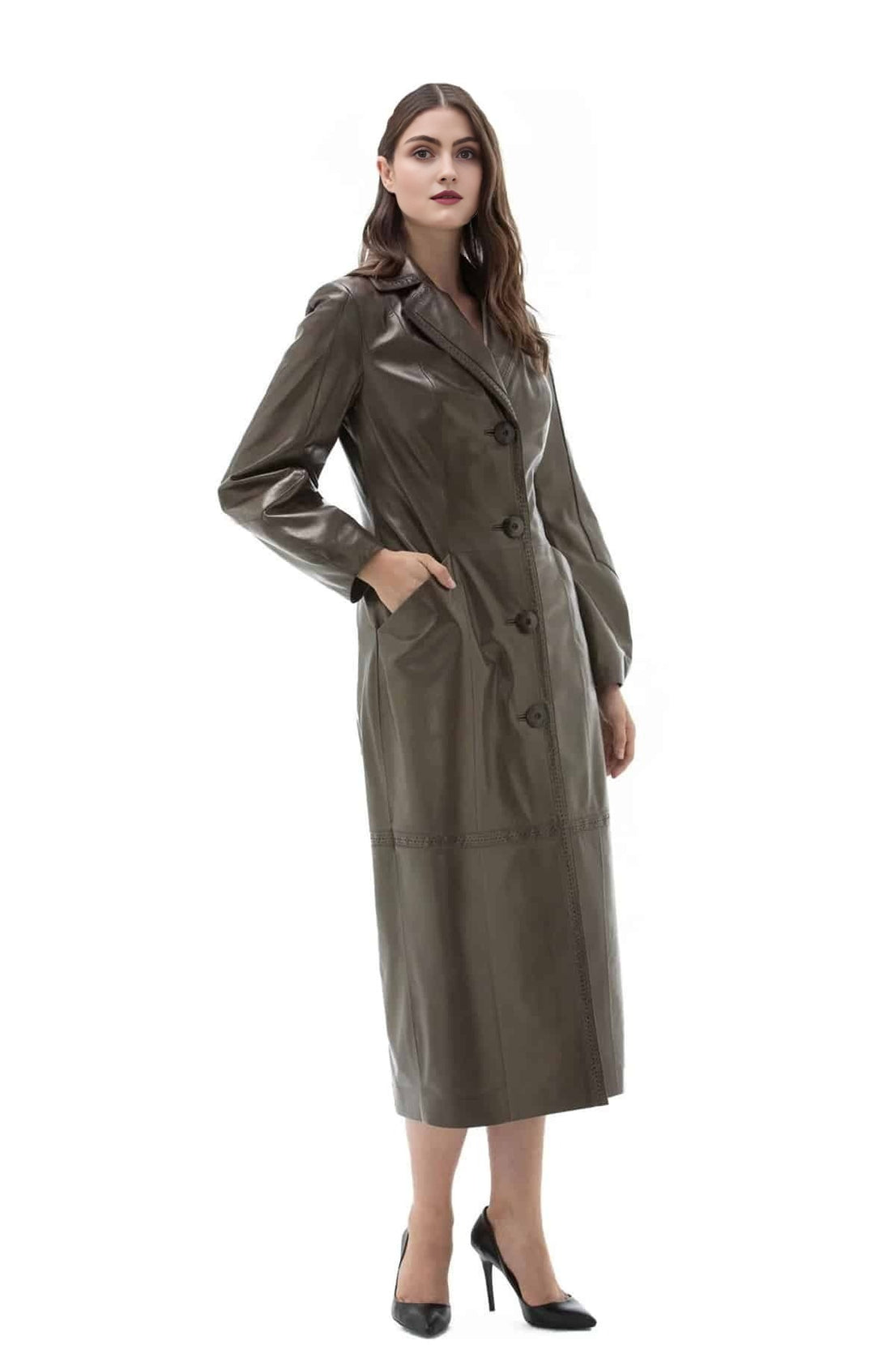 Annie Bronze Long Leather Coat For Women