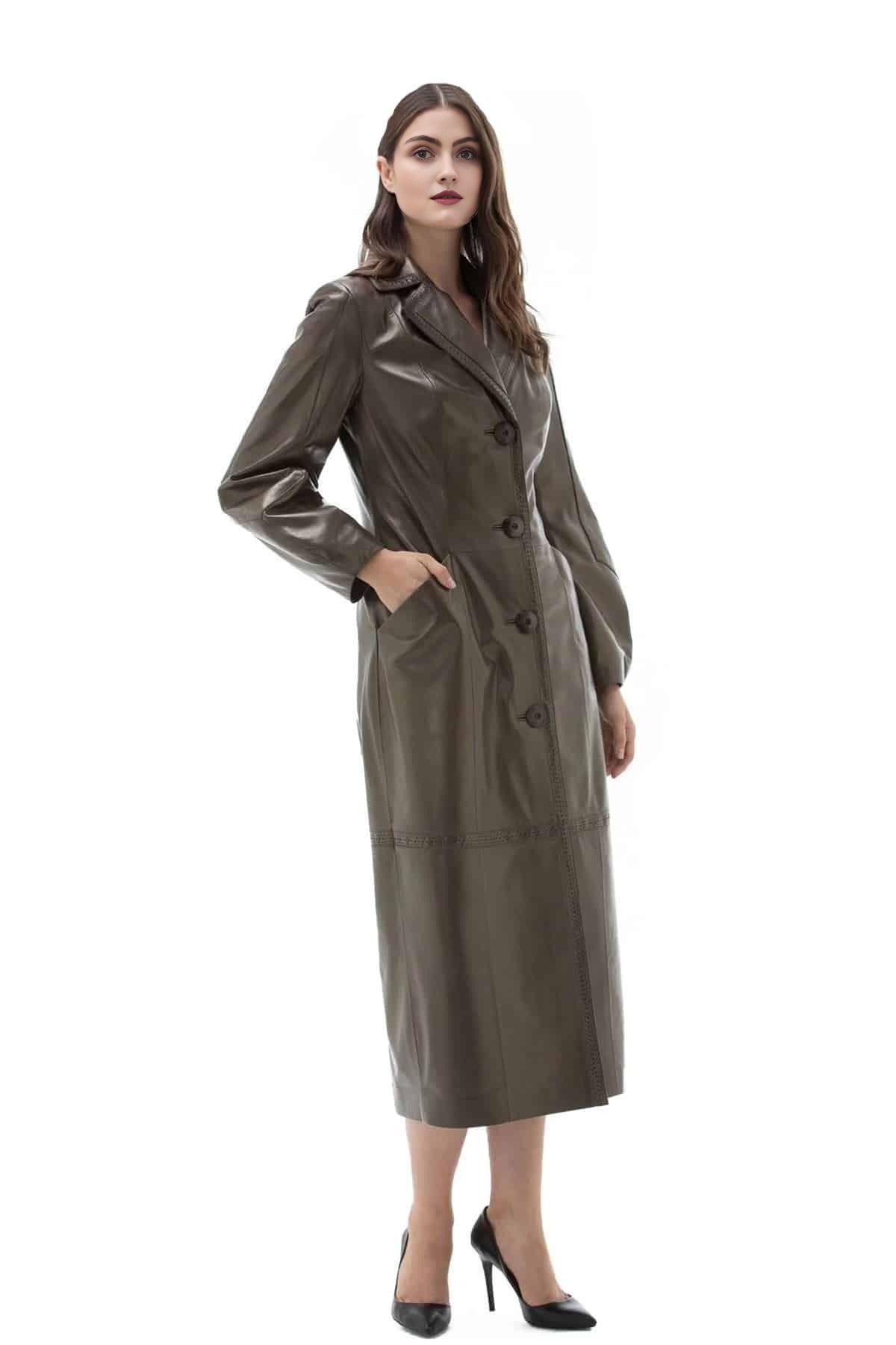 Annie Bronze Long Leather Coat For Women