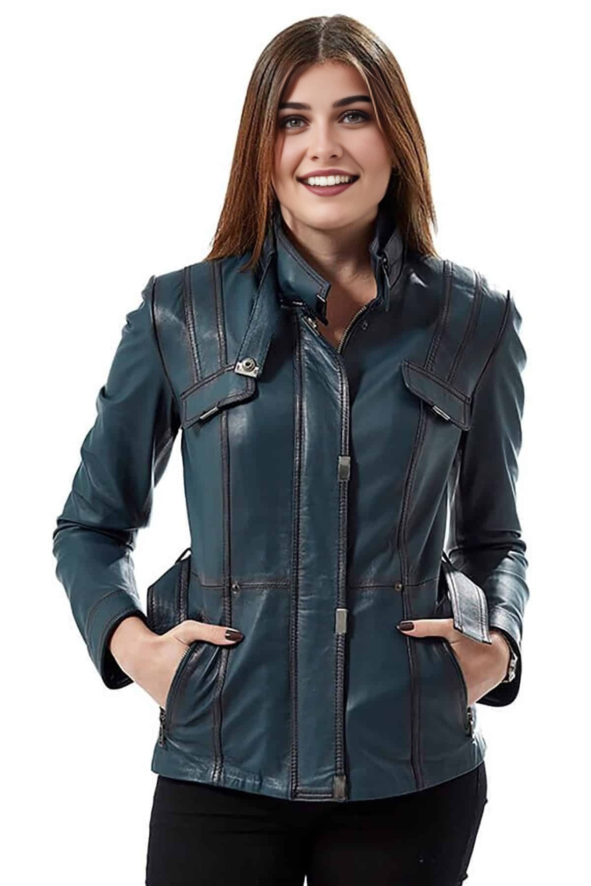 Eloise Real Navy Blue Leather Jacket For Women