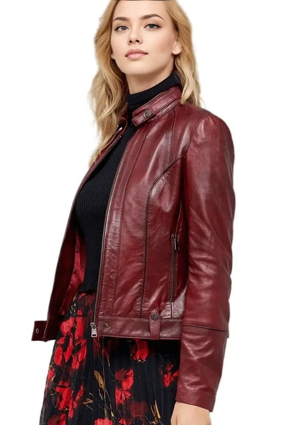 Kayla Dark Brown Biker Leather Jacket For Women