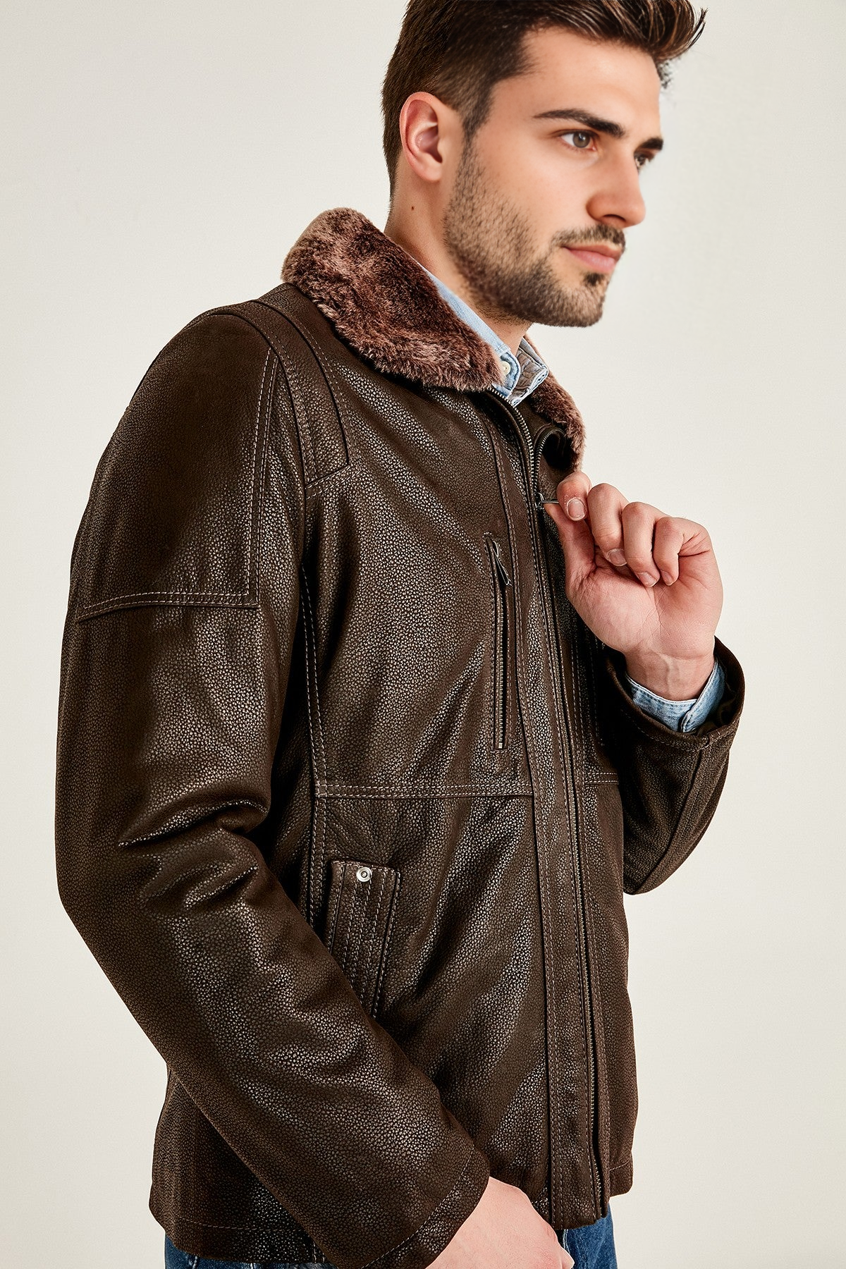 Angelo Men's Brown Fur Collar Leather Jacket For Men