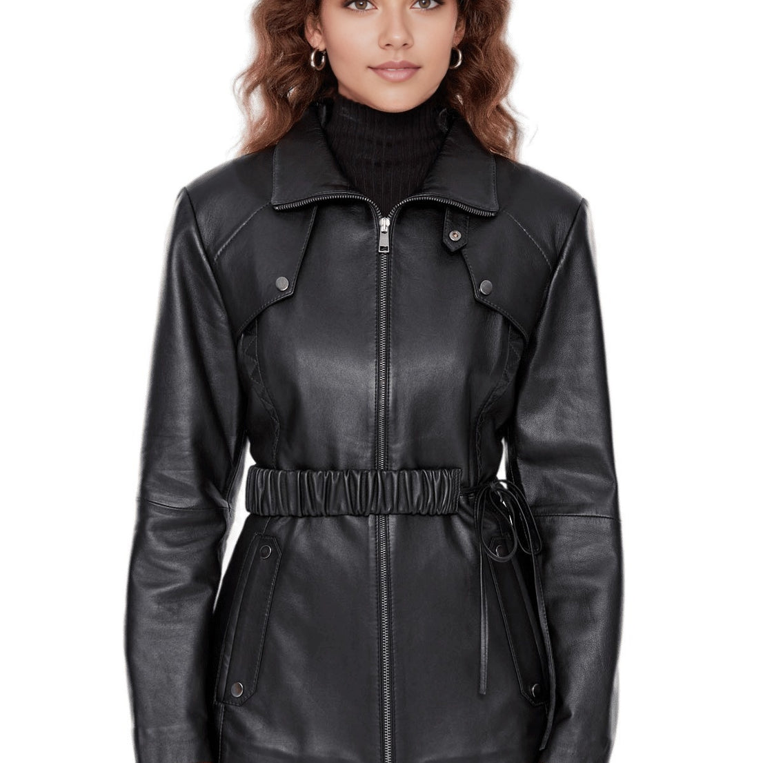 Hazel Black Leather Hip Length Stylish Coat For Women