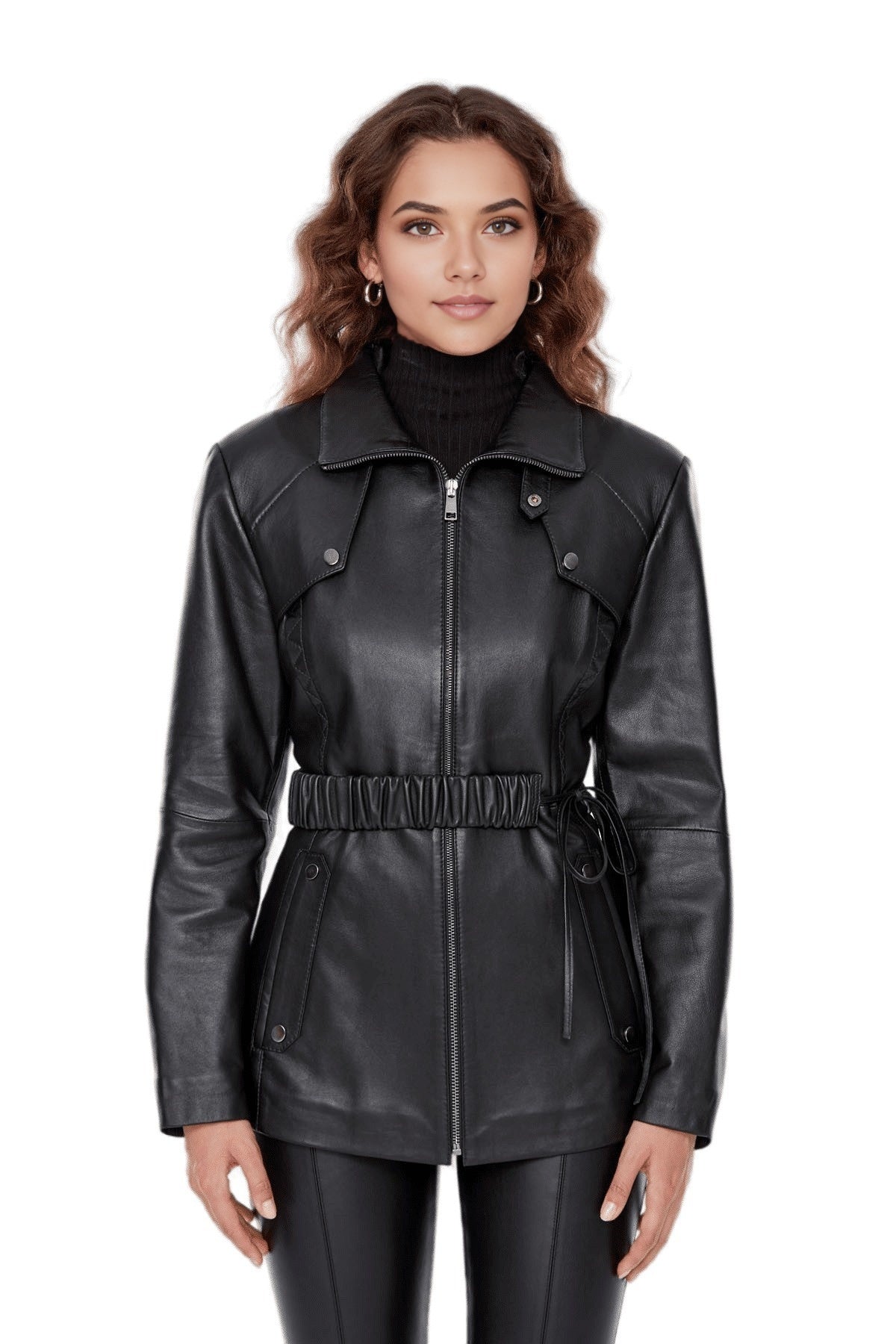 Hazel Black Leather Hip Length Stylish Coat For Women