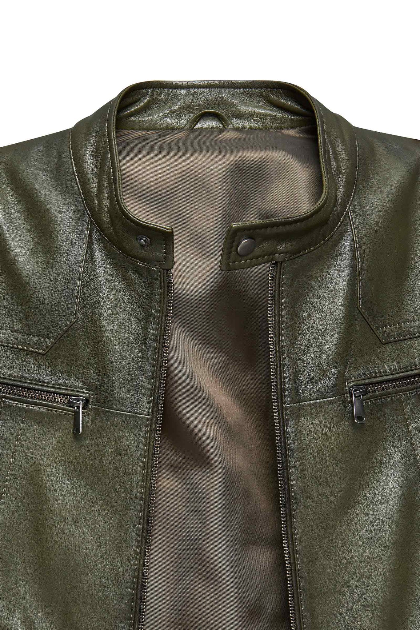 Lucas Khaki Mandarin Collar Leather Jacket For Men