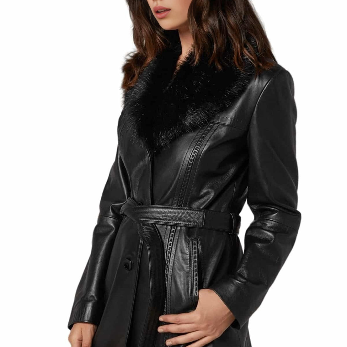 Christine Black Trench Leather Coat For Women