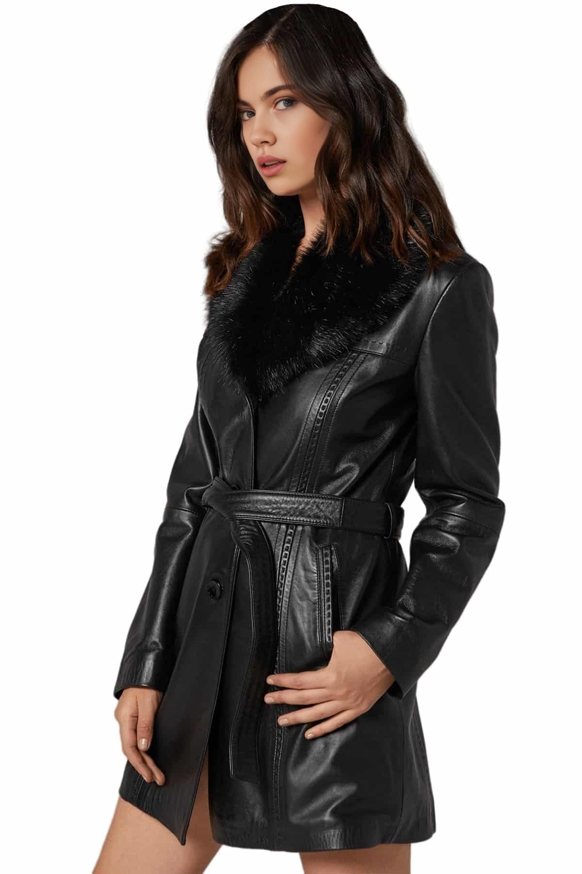 Christine Black Trench Leather Coat For Women