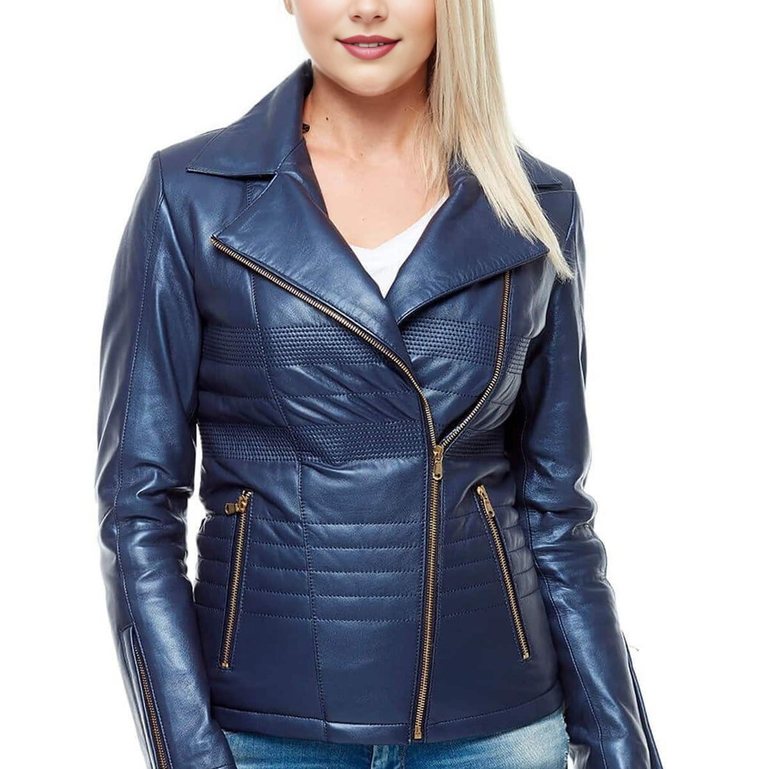 Maria Midnight Blue Leather Moto Removeable Fur Jacket For Women