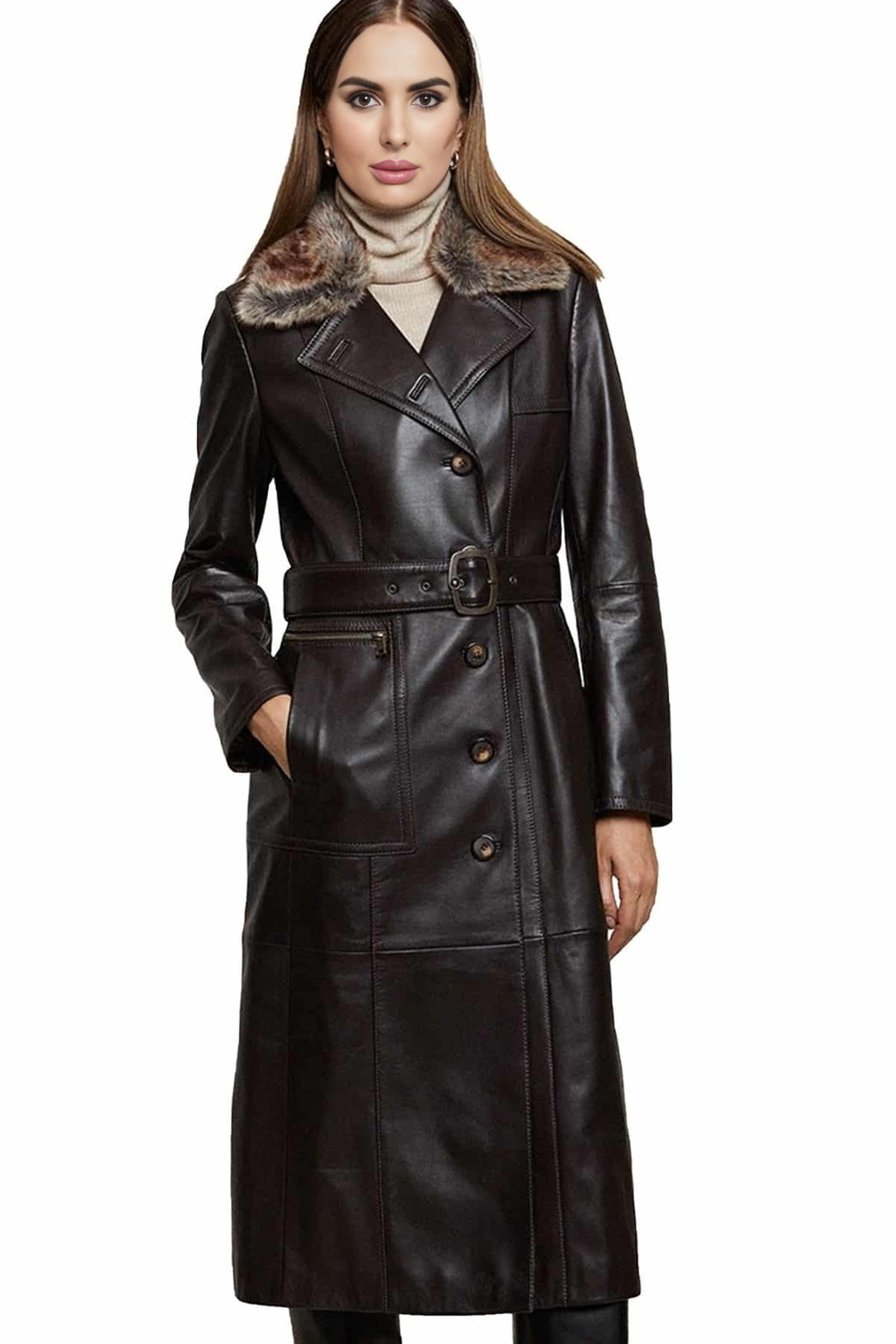 Reagan Dark Brown Full Length Leather Coat For Women