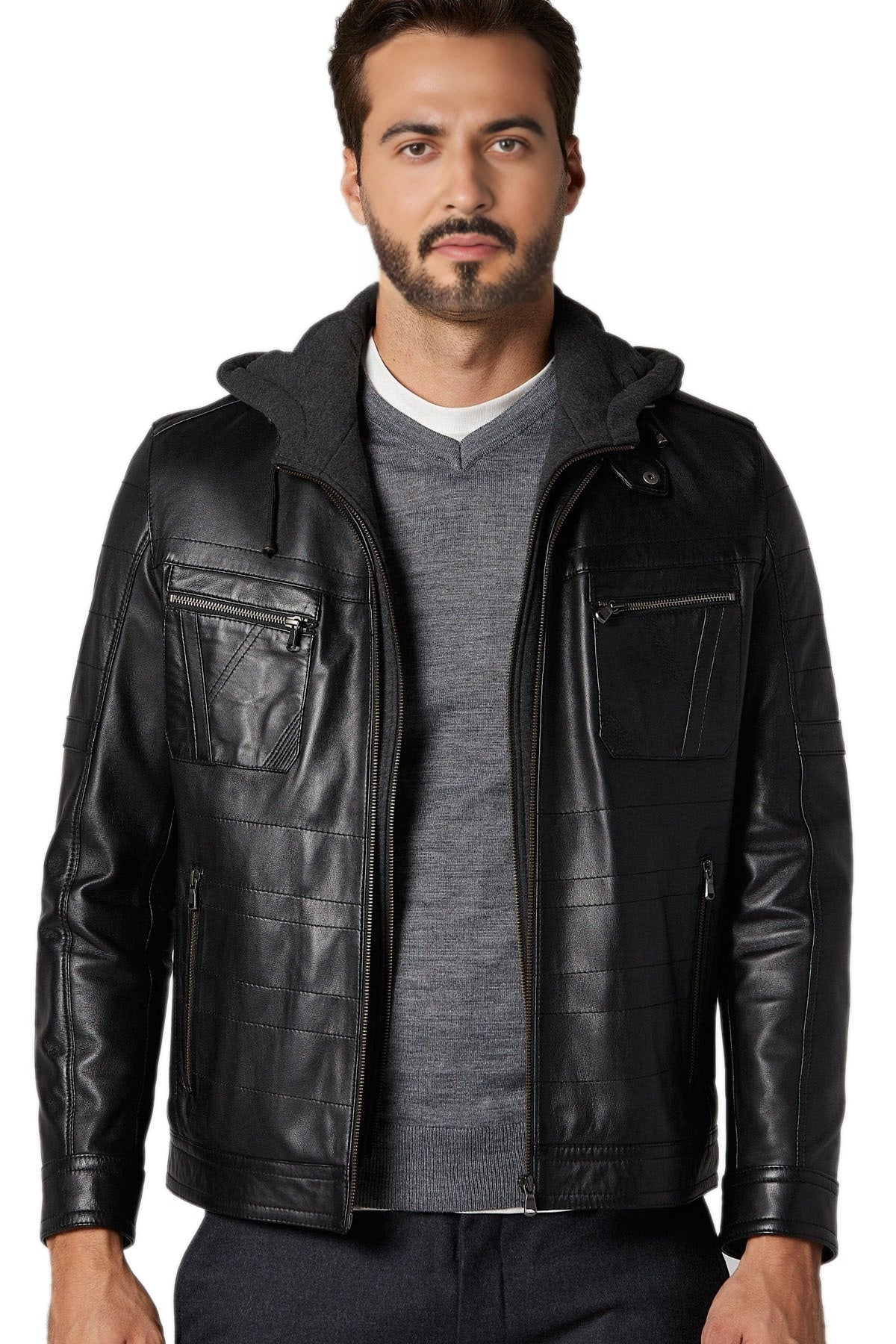 Walter Black Hooded Leather Jacket For Men